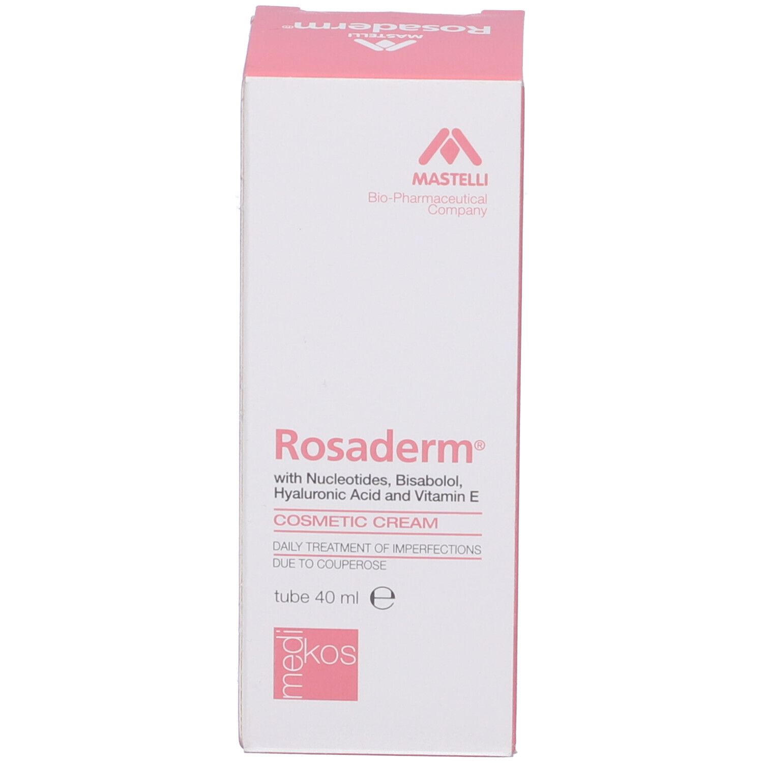 Confezione del prodotto, bianca e rosa. Testo: Rosaderm, crema, 40 ml. Marchio: Mastelli.