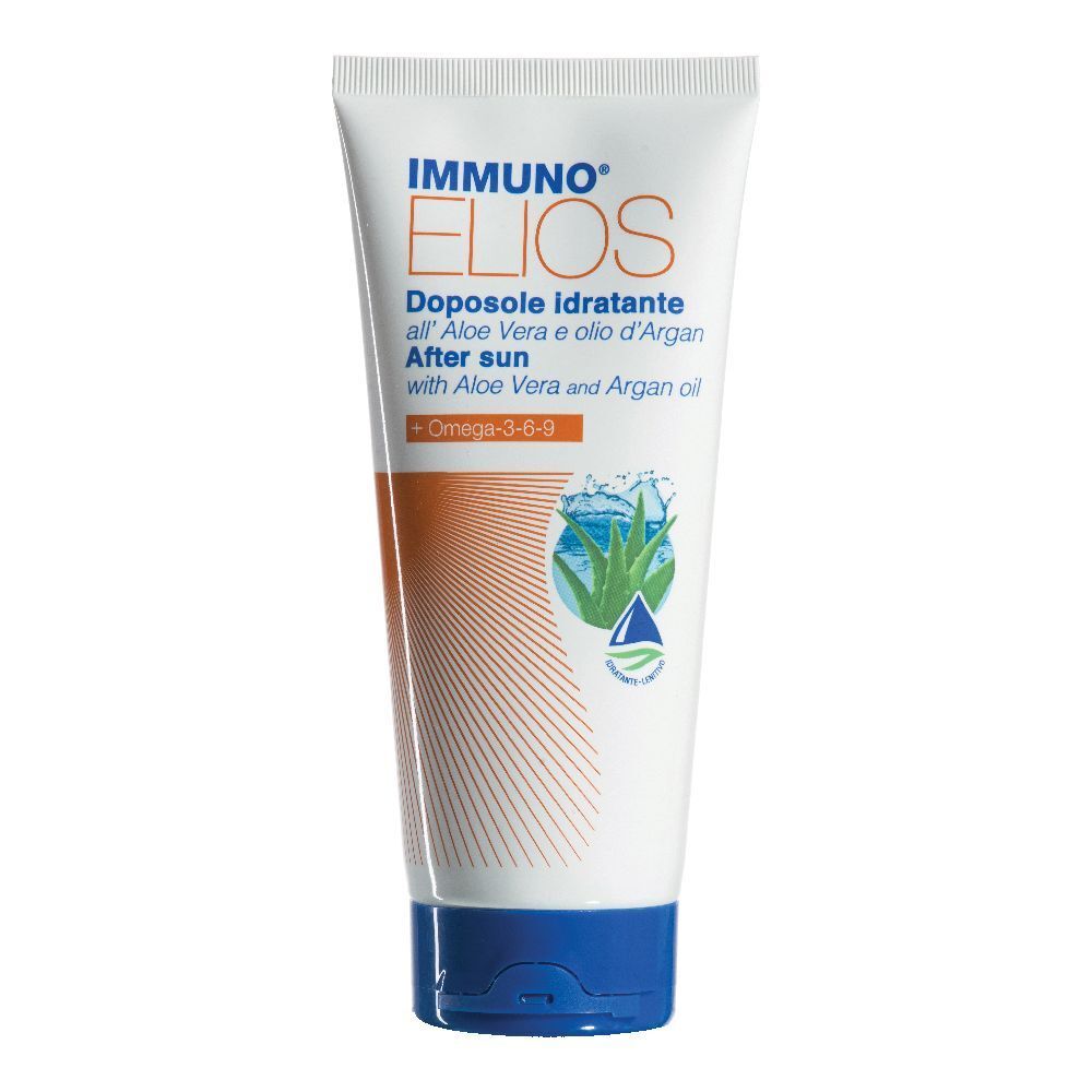 Tubo bianco con tappo blu. Scritta: IMMUNO ELIOS, Doposole, Aloe Vera e olio d'Argan. Striscia arancione.