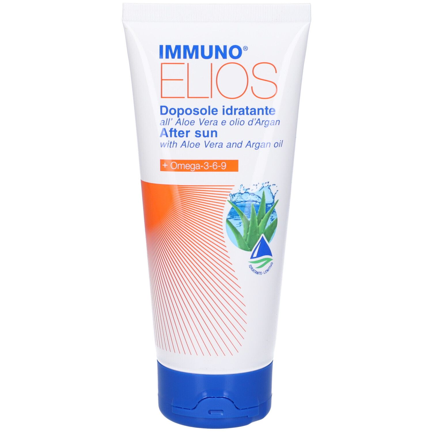 Tubo bianco con tappo blu. Scritta: IMMUNO ELIOS, Doposole, Aloe Vera e olio d'Argan. Striscia arancione.