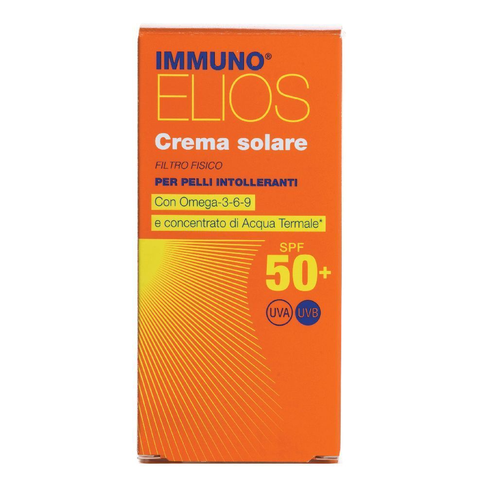 Confezione arancione con nome del prodotto e SPF 50+. Testo: Crema solare, per pelli intolleranti, con Omega-3-6-9 e acqua termale.
