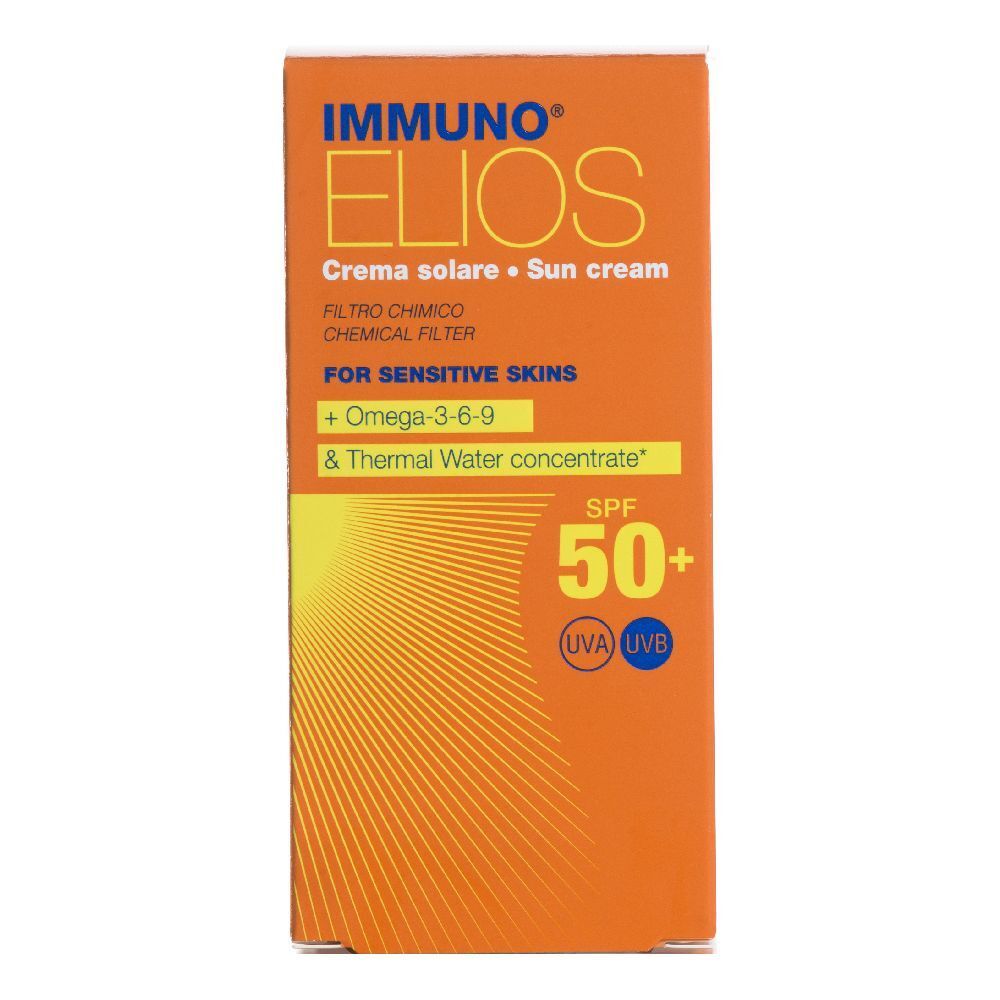 Confezione arancione con nome prodotto e SPF 50+. Contiene Omega-3-6-9 e acqua termale. Per pelli sensibili.