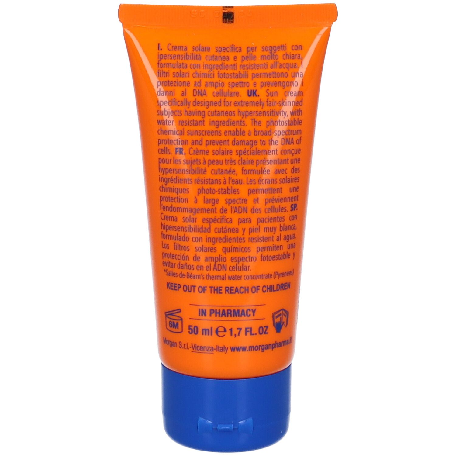 Retro del tubo. Testo multilingue. Contiene 50 ml. Ingredienti e avvertenze. Prodotto in Italia.