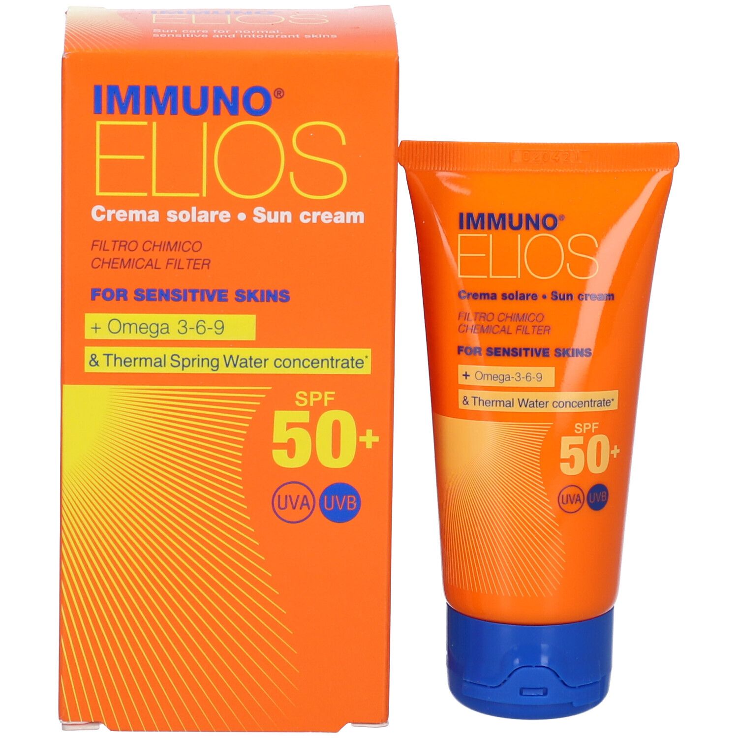 Confezione e tubo affiancati. Entrambi mostrano nome del prodotto, SPF 50+ e informazioni per pelli sensibili.
