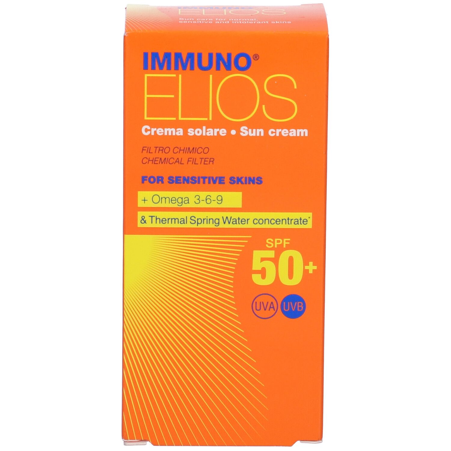 Confezione arancione con nome prodotto e SPF 50+. Contiene Omega-3-6-9 e acqua termale. Per pelli sensibili.