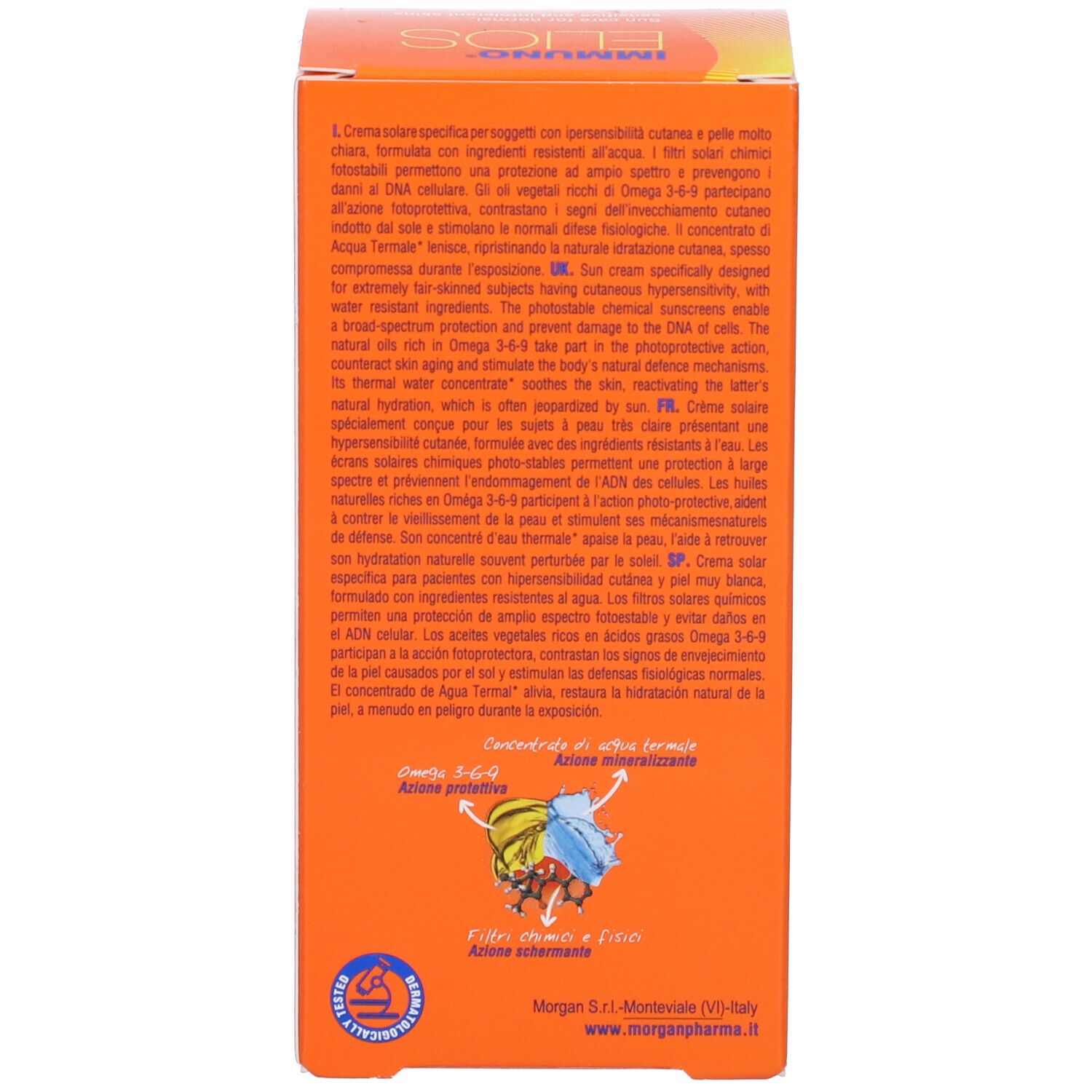 Retro della confezione. Testo multilingue. Contiene informazioni sull'uso e ingredienti.