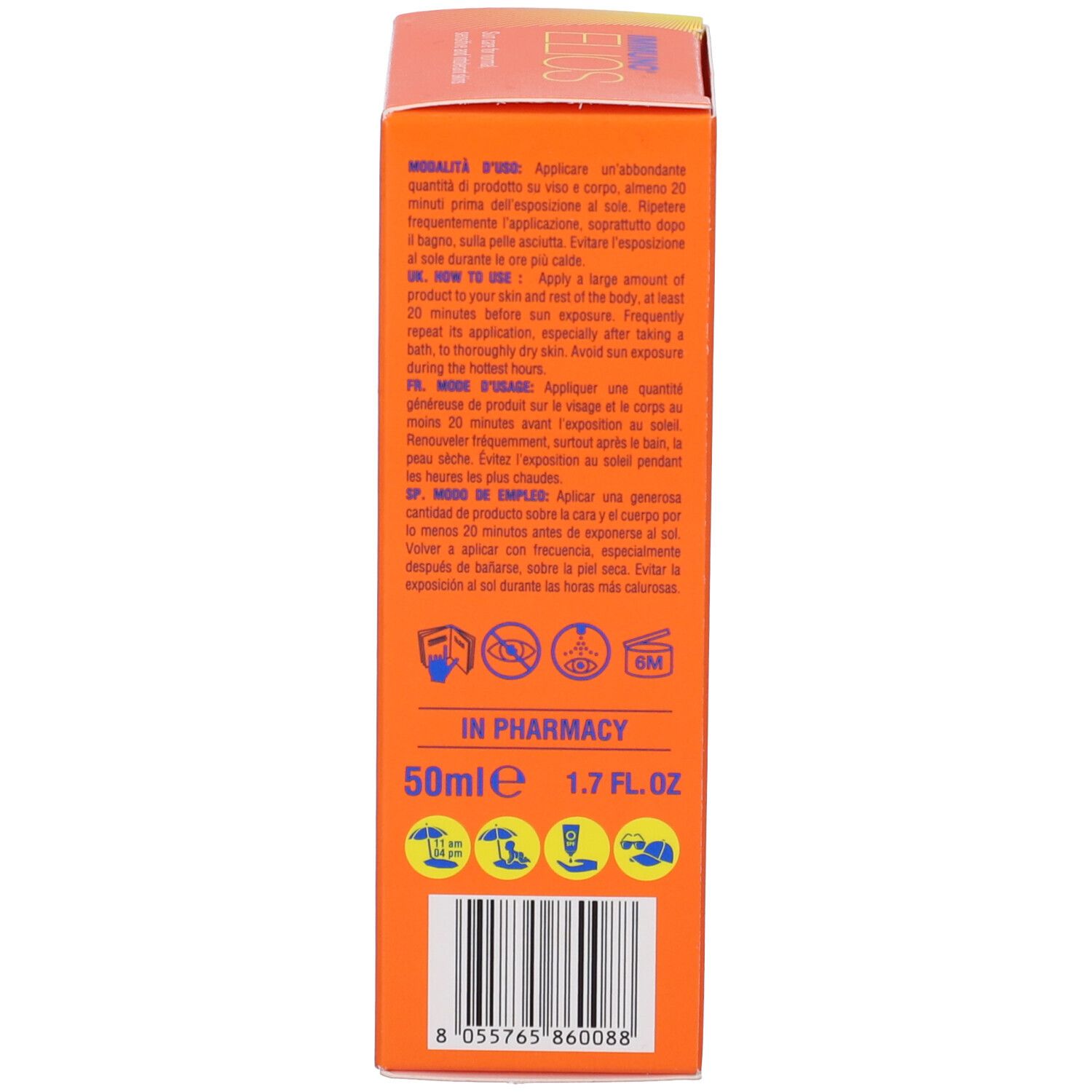 Retro della confezione. Istruzioni, simboli e informazioni su ingredienti e dimensioni (50ml).