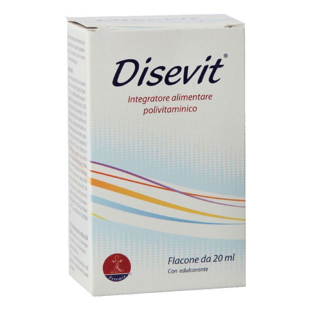 Karton mit 'Disevit' und Produktinformationen. Flasche mit 20 ml. Enthält Vitaminpräparat.