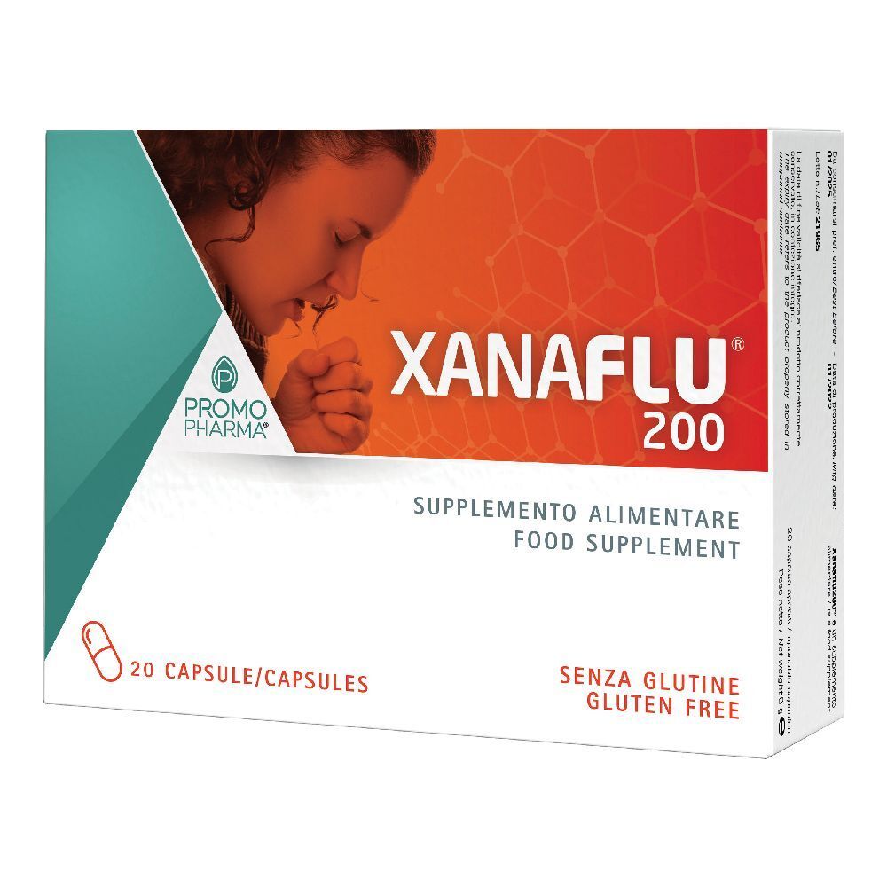 PromoPharma Xanaflu 200, integratore alimentare. Confezione da 20 capsule. Senza glutine. Logo Promo Pharma.