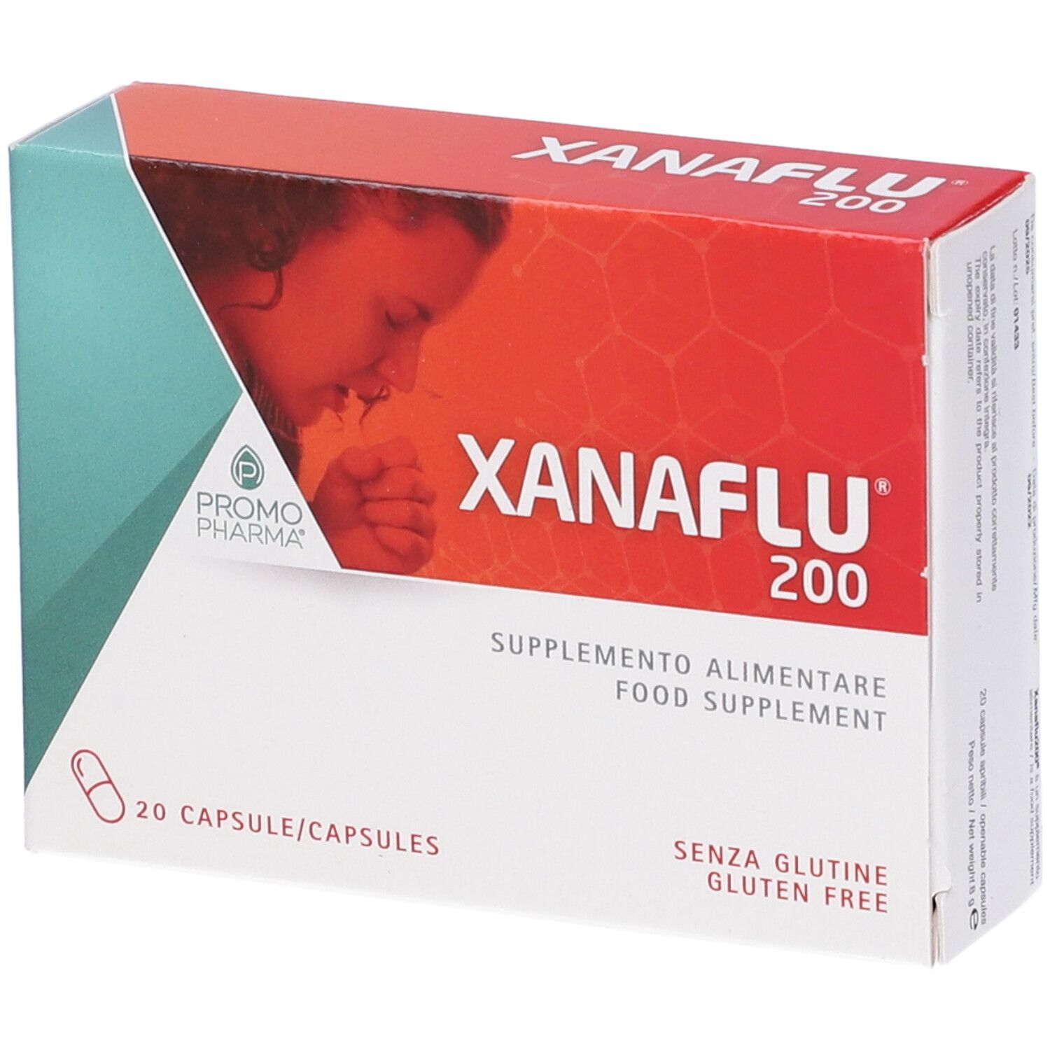 PromoPharma Xanaflu 200, integratore alimentare. Confezione da 20 capsule. Senza glutine. Logo Promo Pharma.