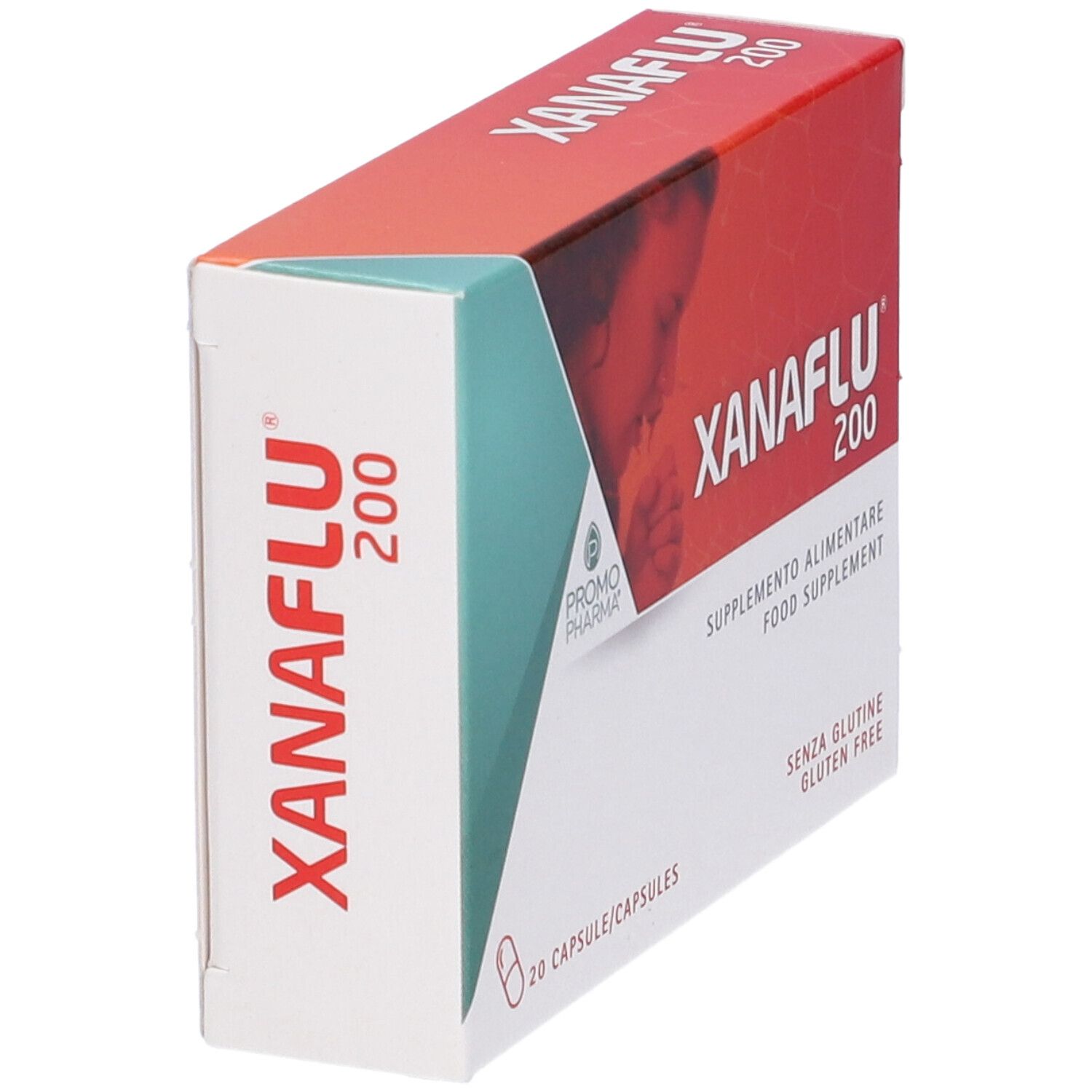 PromoPharma Xanaflu 200, integratore alimentare. Confezione da 20 capsule. Senza glutine. Logo Promo Pharma.