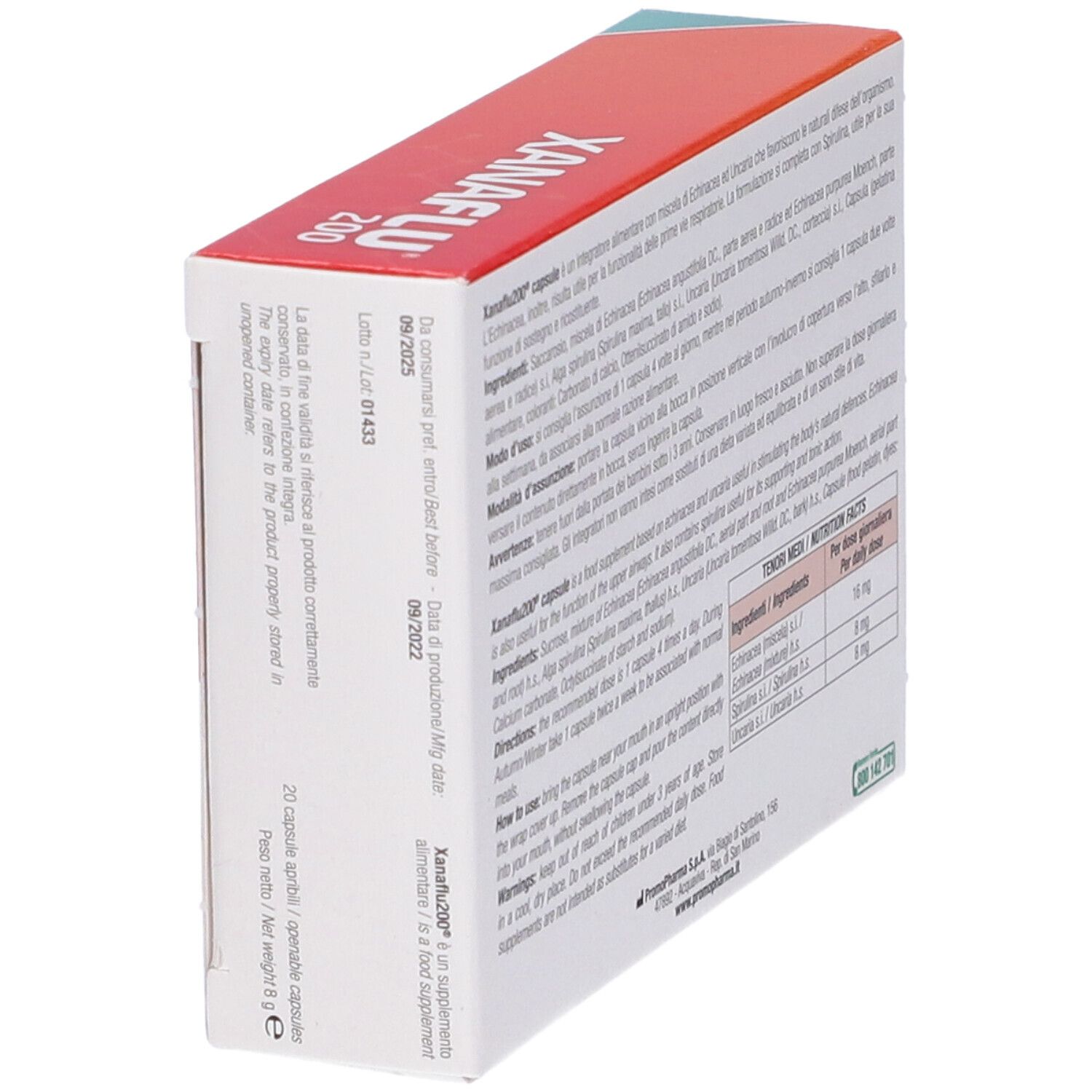 PromoPharma Xanaflu 200, integratore alimentare. Retro confezione con ingredienti e data di scadenza.