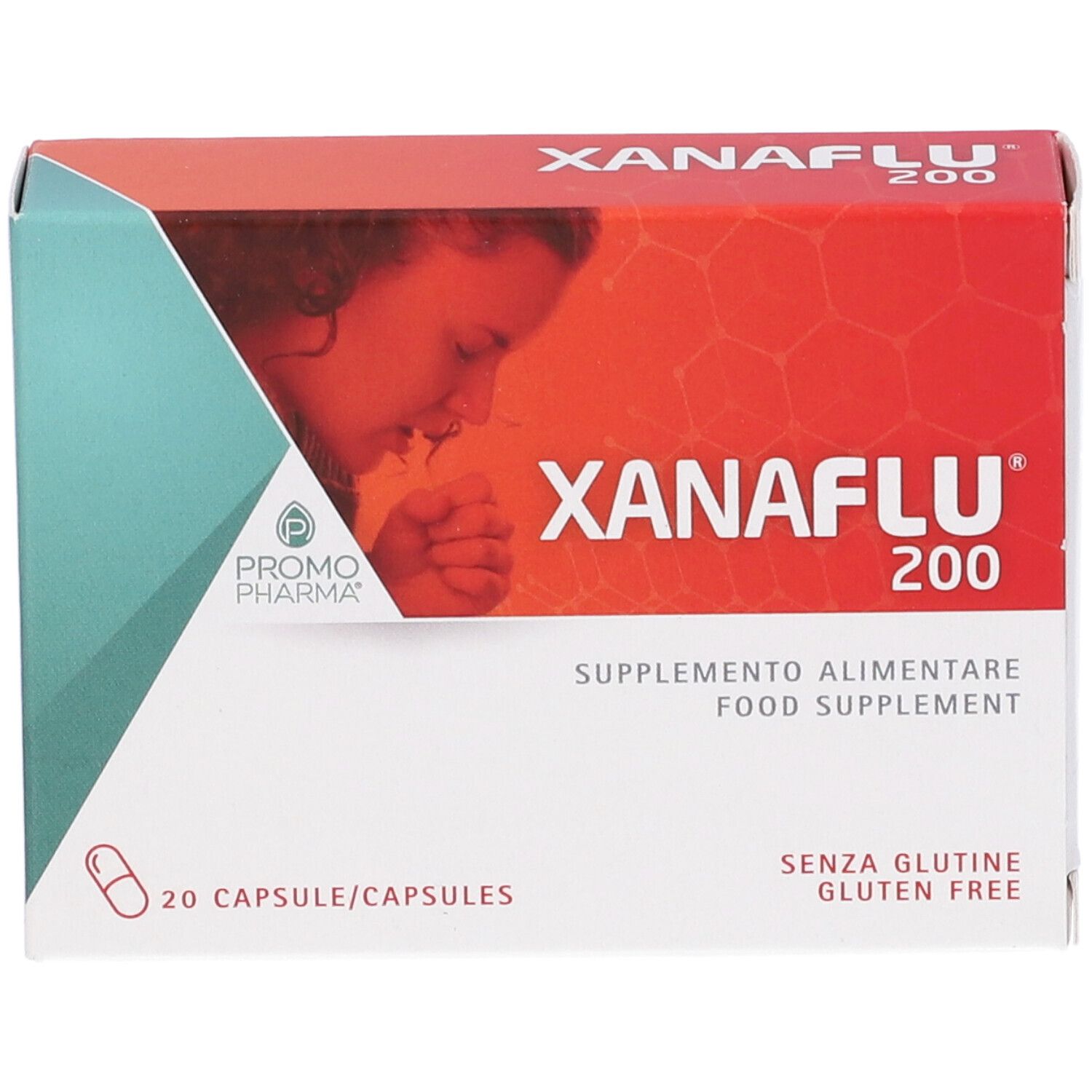 PromoPharma Xanaflu 200, integratore alimentare. Confezione da 20 capsule. Senza glutine. Logo Promo Pharma.