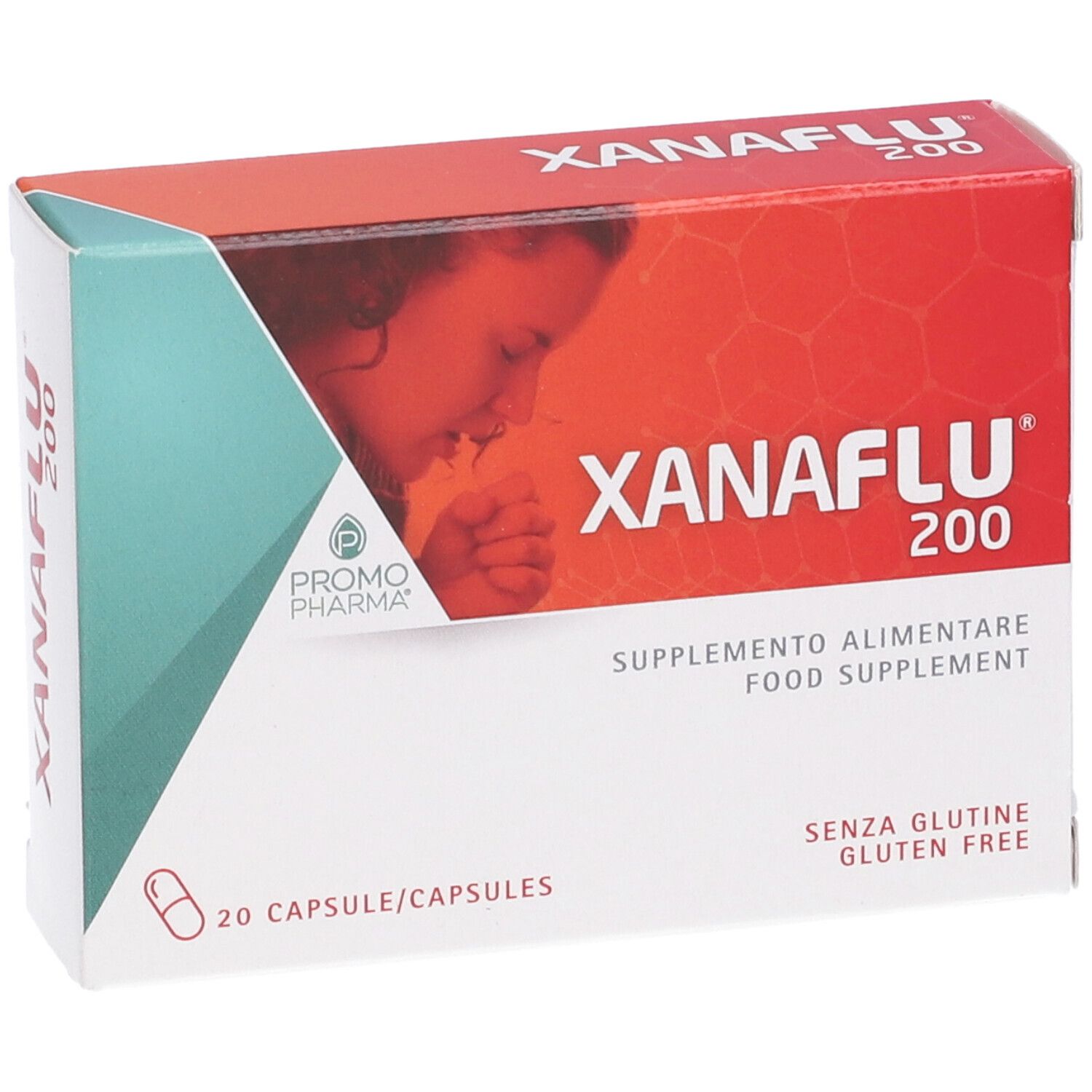 PromoPharma Xanaflu 200, integratore alimentare. Confezione da 20 capsule. Senza glutine. Logo Promo Pharma.