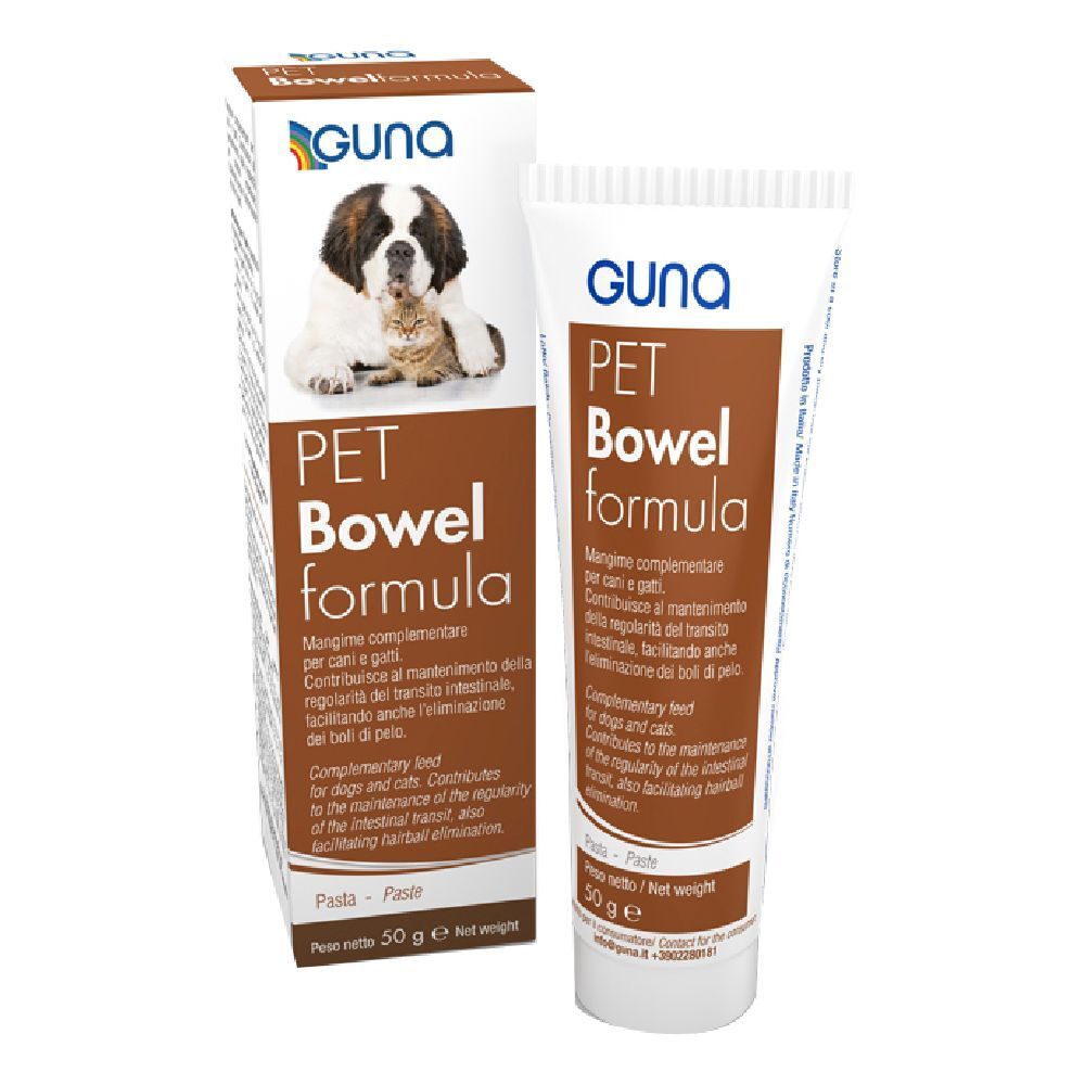 Tubo e scatola con prodotto. Scritta: GUNA PET Bowelformula. Immagine di un cane. 50 g.