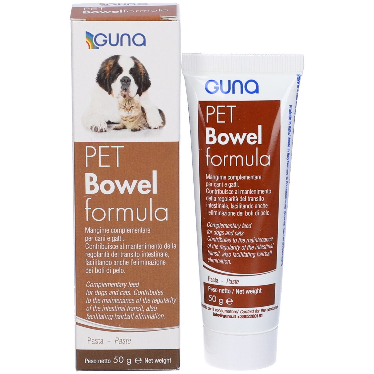 Confezione del prodotto. Scatola e tubo. Scritta: GUNA PET Bowelformula. Immagine di un cane. 50 g.