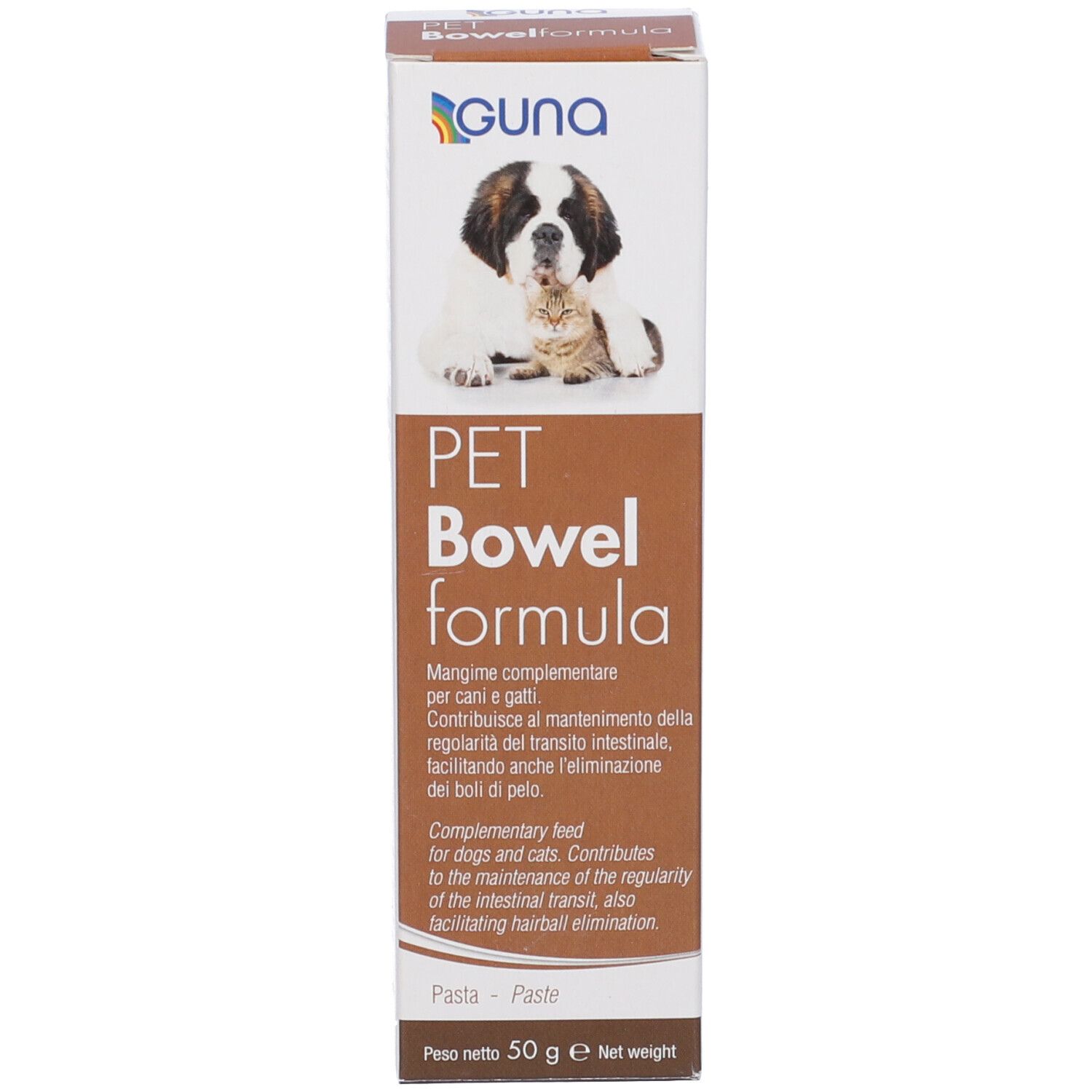 Confezione del prodotto. Scatola con scritta: GUNA PET Bowelformula. Immagine di un cane. 50 g.