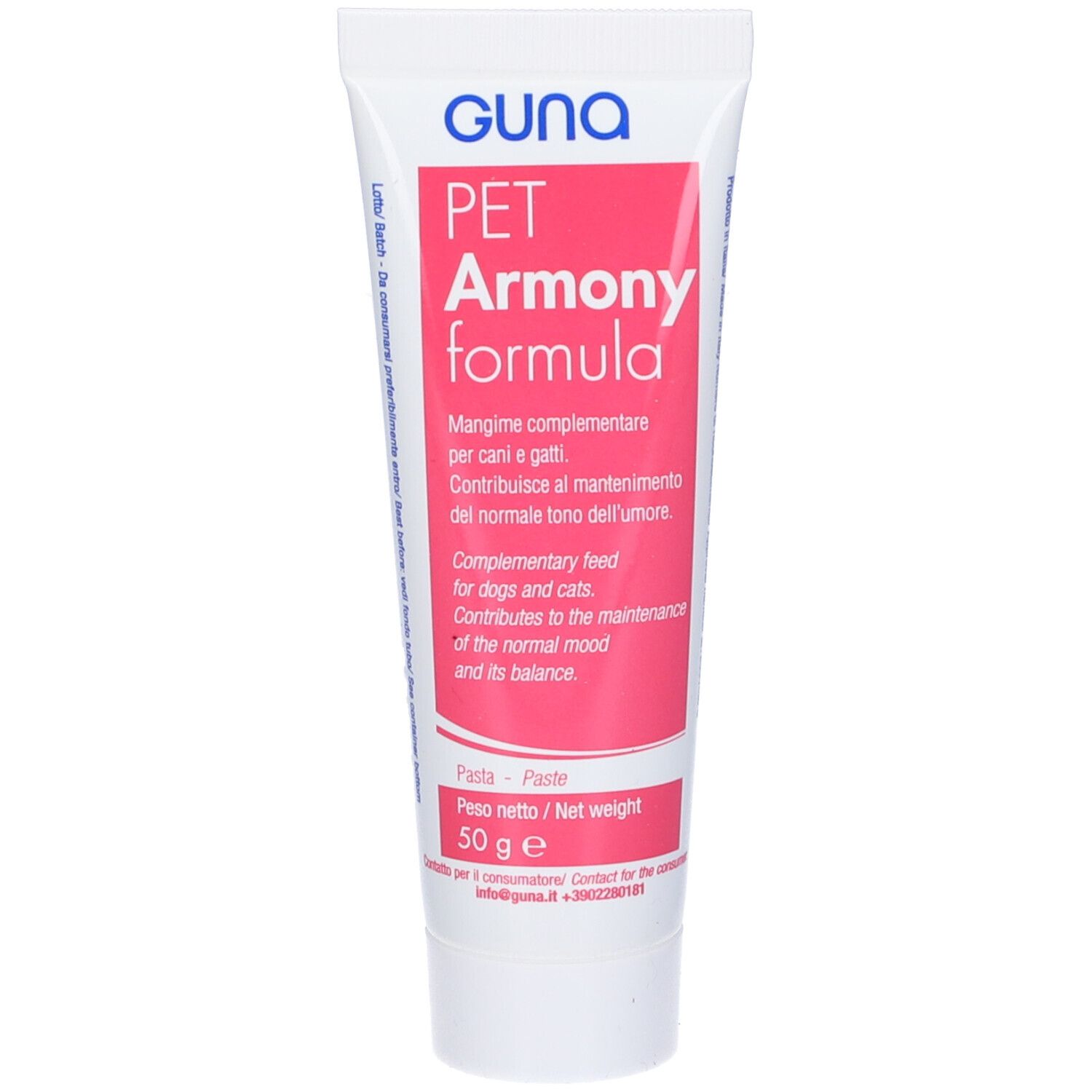 Tubo bianco con fascia rosa e nome del prodotto. Marchio GUNA. 50g netti. Testo in italiano e inglese.