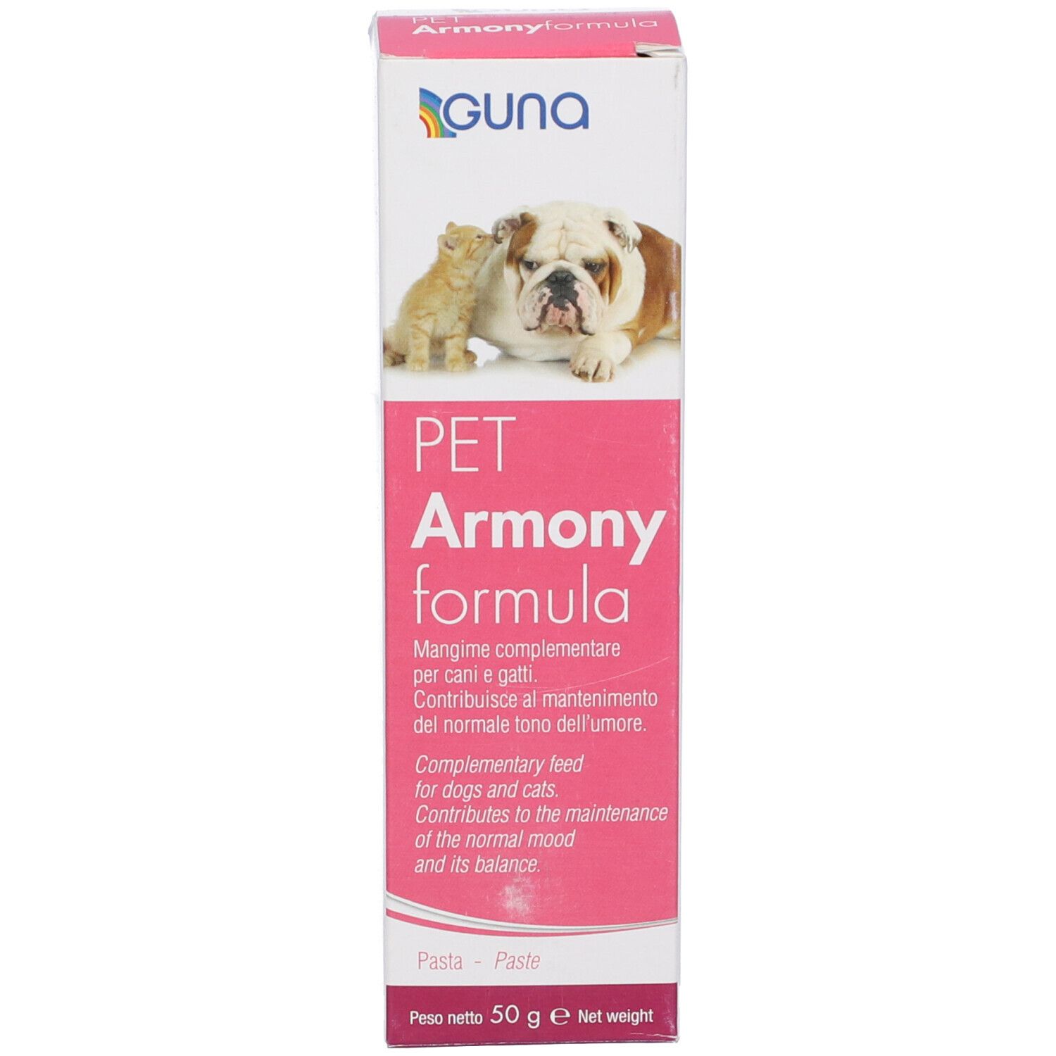 Confezione del prodotto con colori rosa e bianco. Cane e gatto raffigurati. Nome del prodotto e logo.