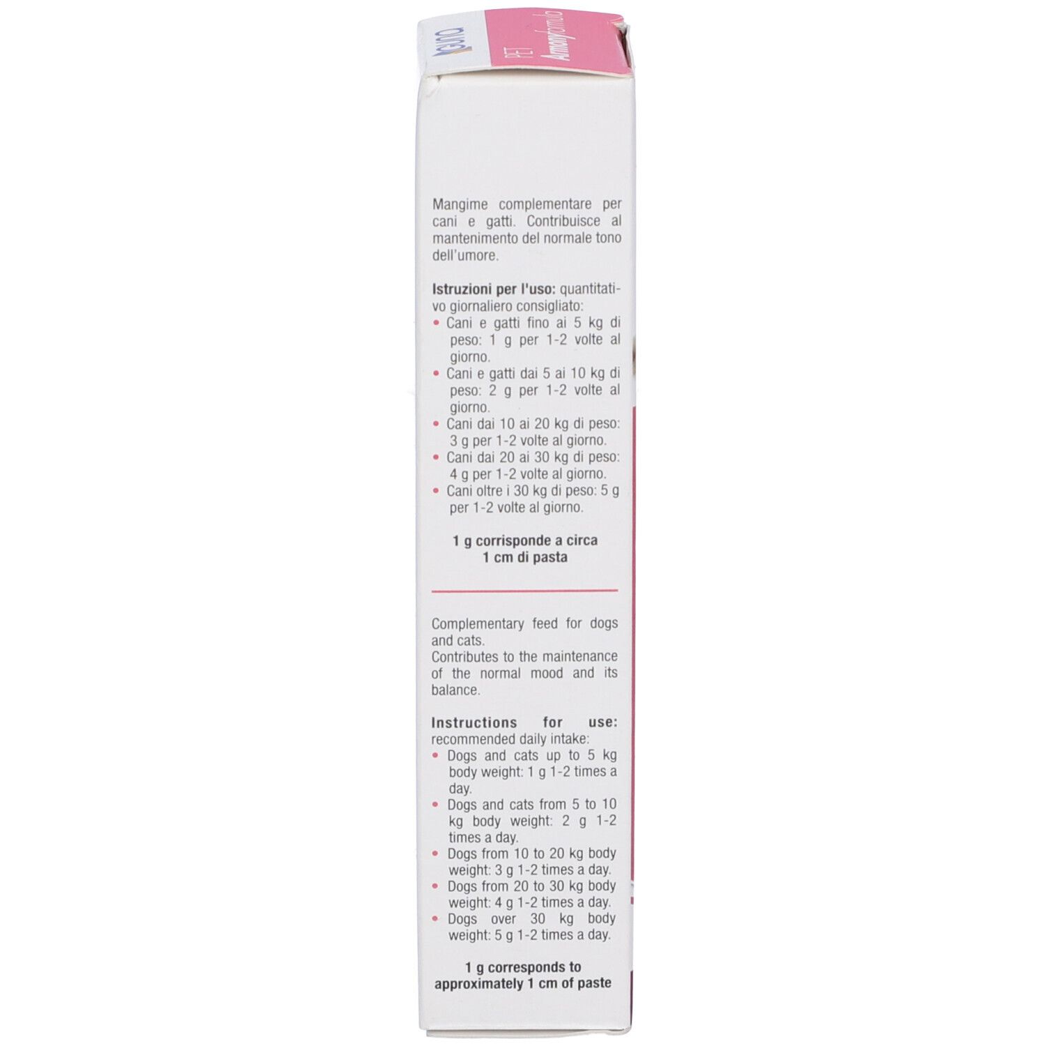 Confezione del prodotto con testo e istruzioni. Colori rosa e bianco. Testo in italiano e inglese.
