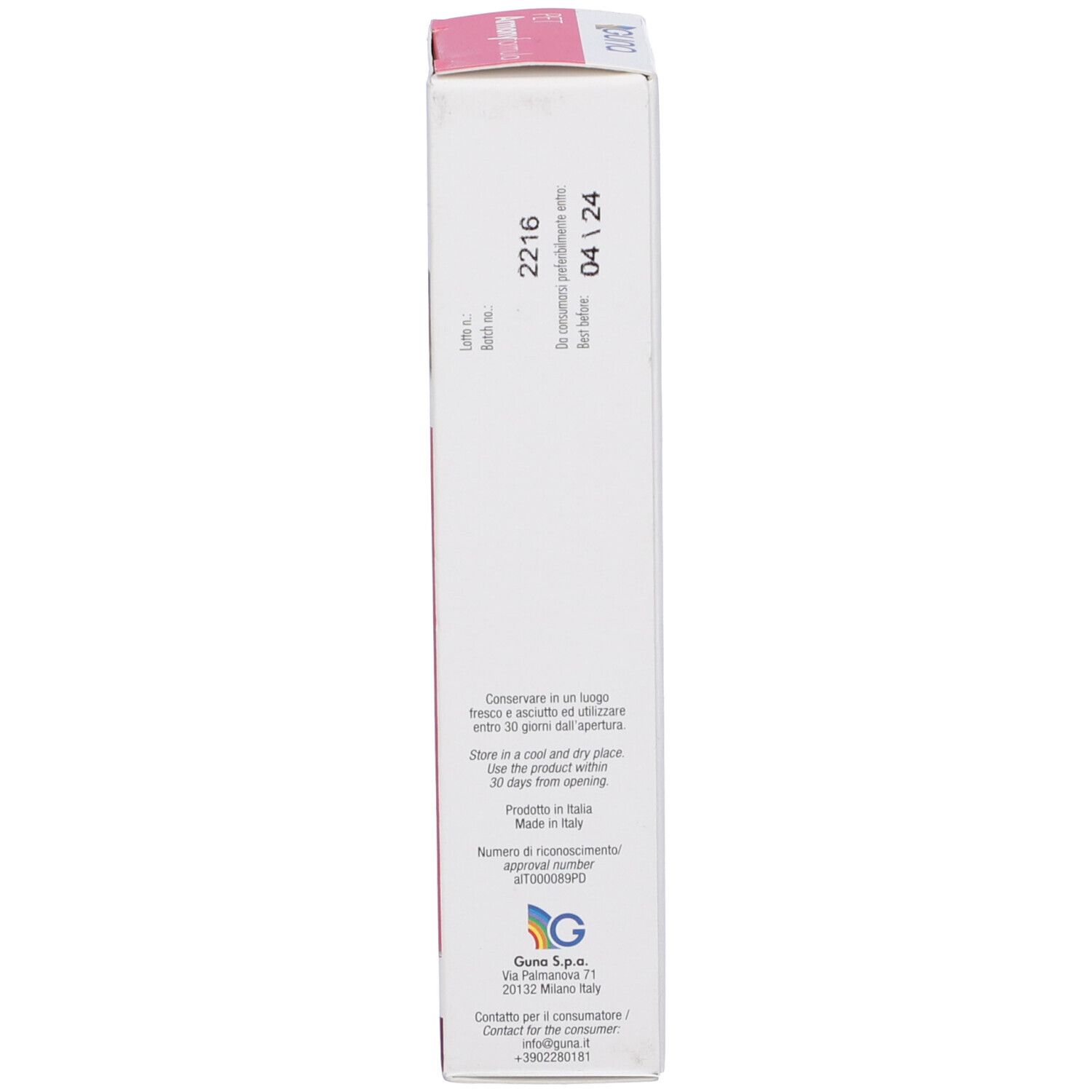 Confezione del prodotto con testo. Colori rosa e bianco. Informazioni di conservazione e contatto.