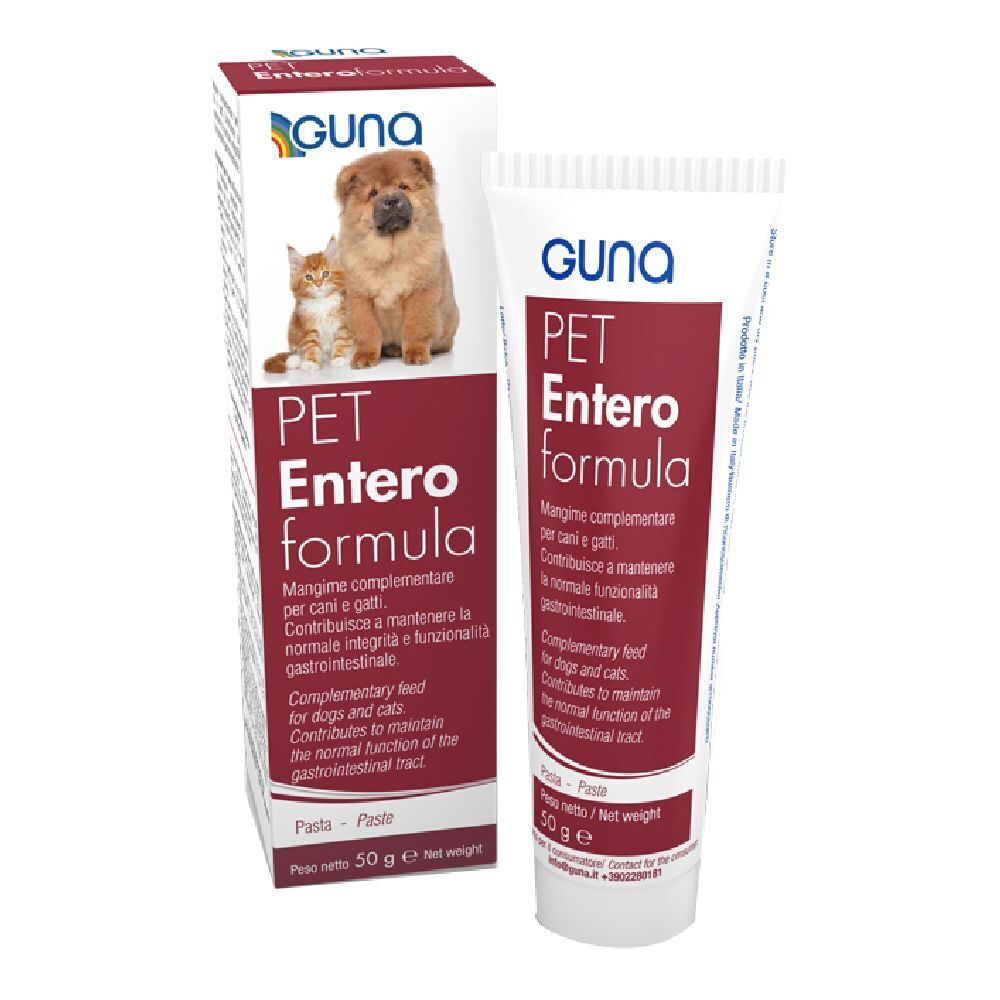 Guna PET Enteroformula. Tubo e confezione. Immagine cane e gatto. 50 g.