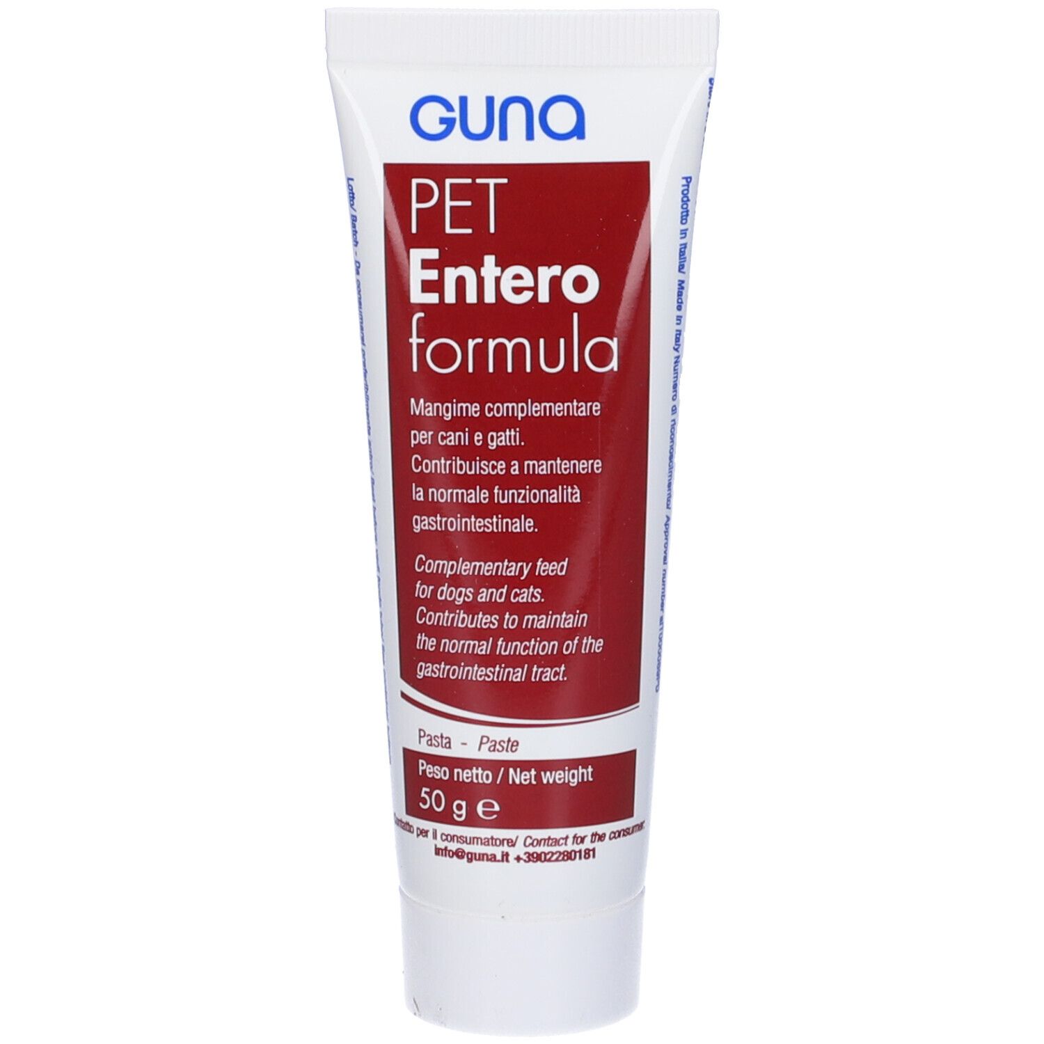 Guna PET Enteroformula. Tubo. Testo rosso su sfondo bianco. 50 g.