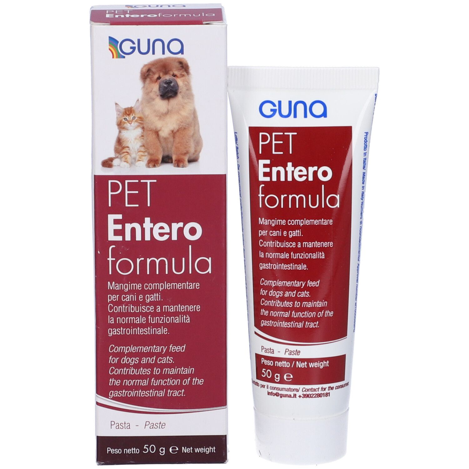 Guna PET Enteroformula. Tubo e confezione. Immagine cane e gatto. 50 g.
