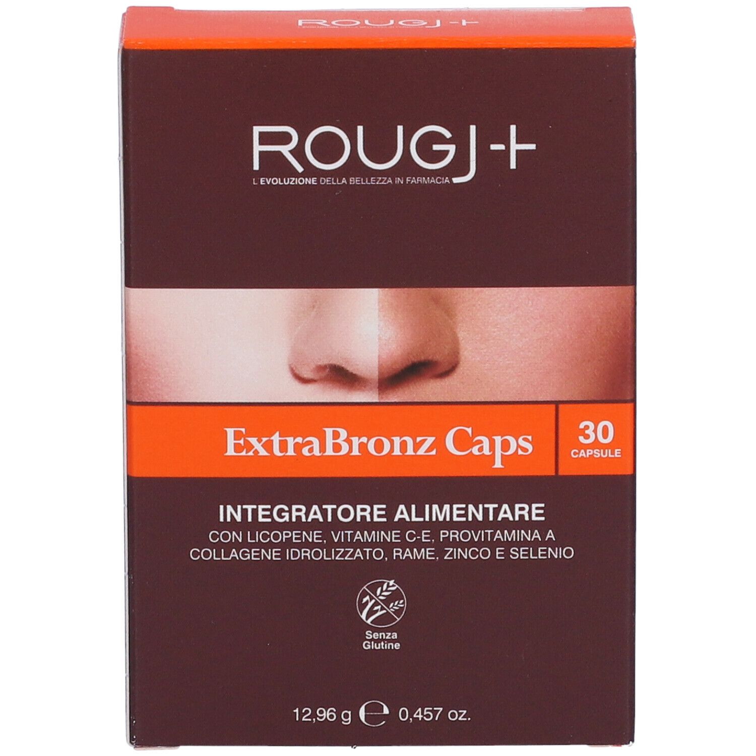 Scatola marrone con nome prodotto e "ExtraBronz Caps". Contiene 30 capsule. Senza glutine.