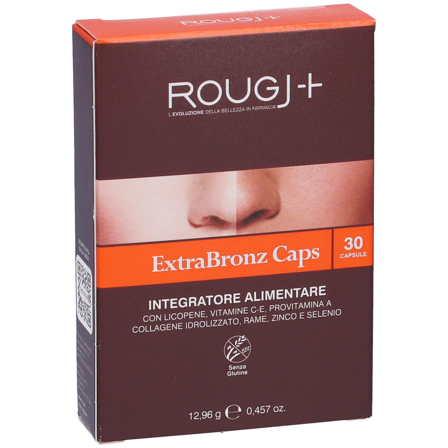 Scatola marrone con nome prodotto e "ExtraBronz Caps". Contiene 30 capsule. Senza glutine.