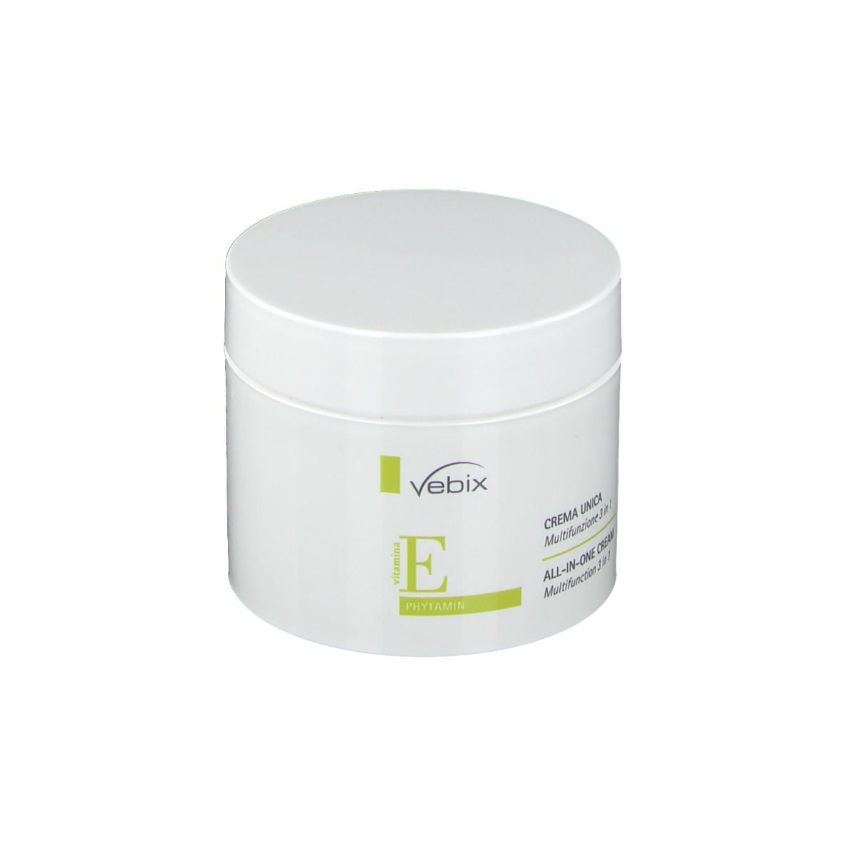 Vaso bianco con coperchio. Scritta: Vebix, Vitamina E, Phytamin. Crema Unica, Crema all-in-one.