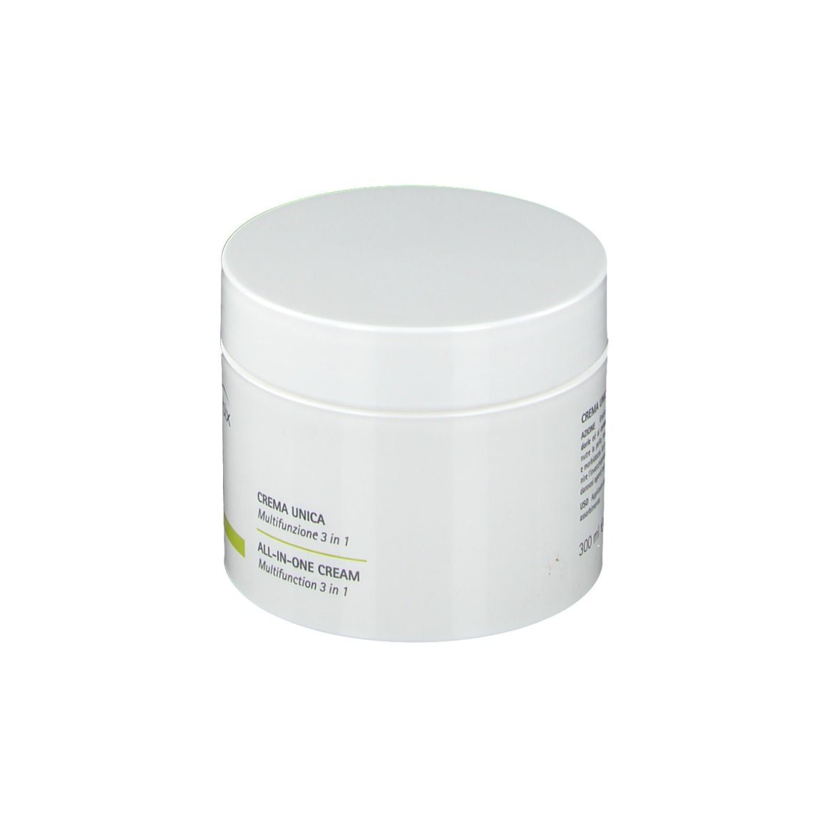 Vaso bianco con coperchio. Scritta: Crema Unica, Crema all-in-one. Testo in italiano.