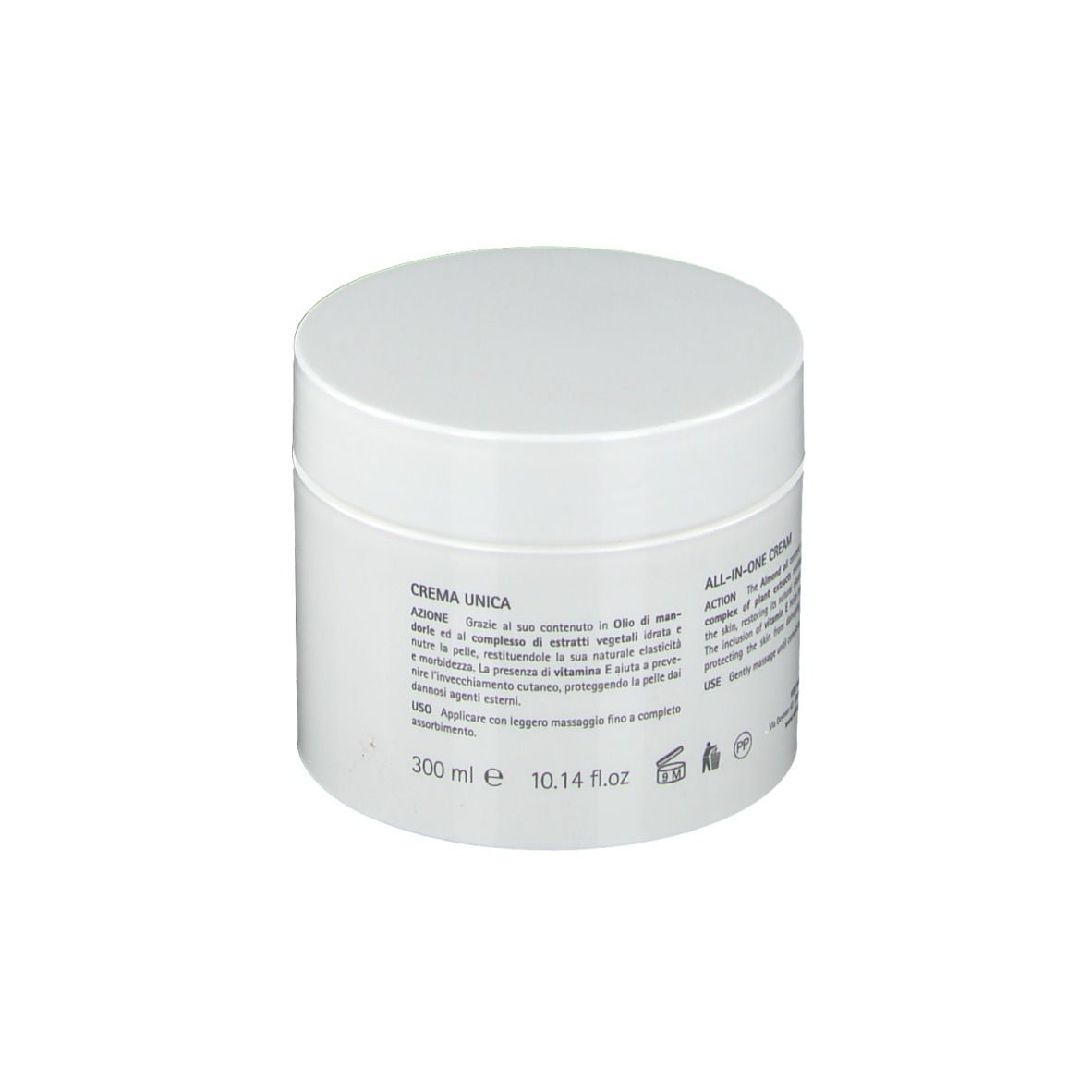 Vaso bianco con coperchio. Scritta: Crema Unica, Crema all-in-one. Testo in italiano, 300 ml.