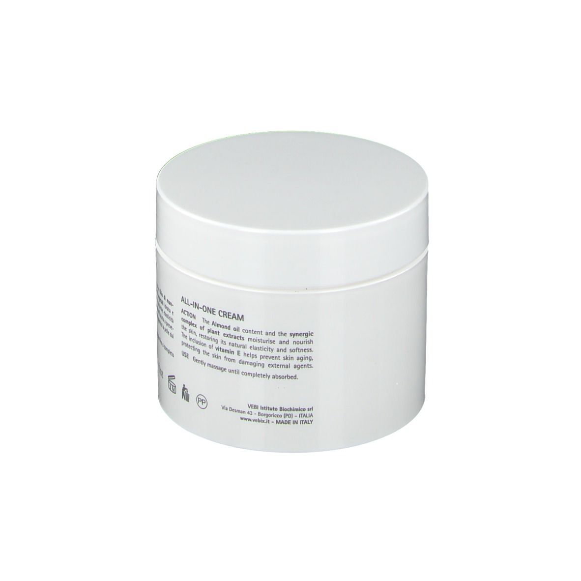 Vaso bianco con coperchio. Scritta: Crema all-in-one. Testo in italiano. Prodotto in Italia.