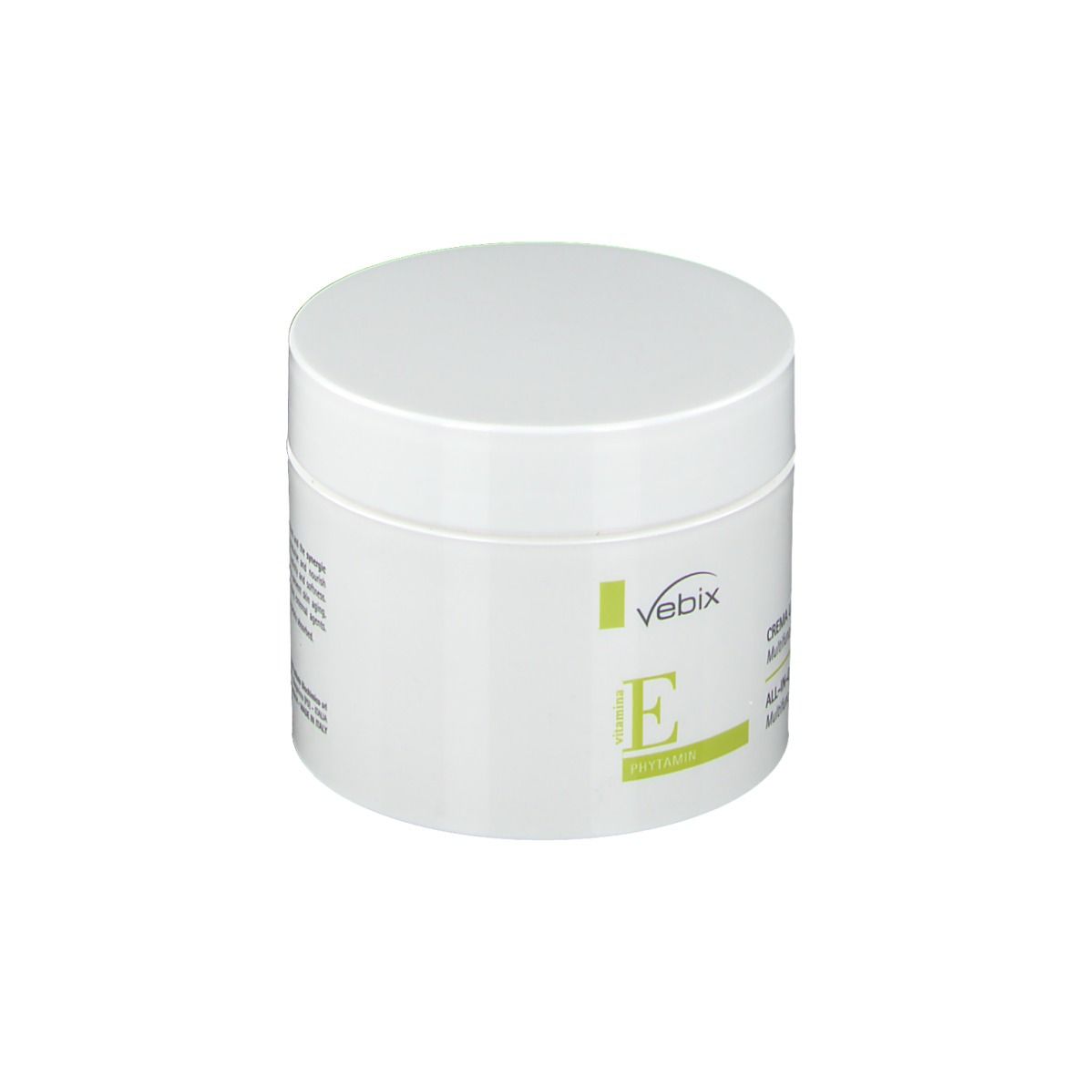 Vaso bianco con coperchio. Scritta: Vebix, Vitamina E, Phytamin. Crema Unica, Crema all-in-one.