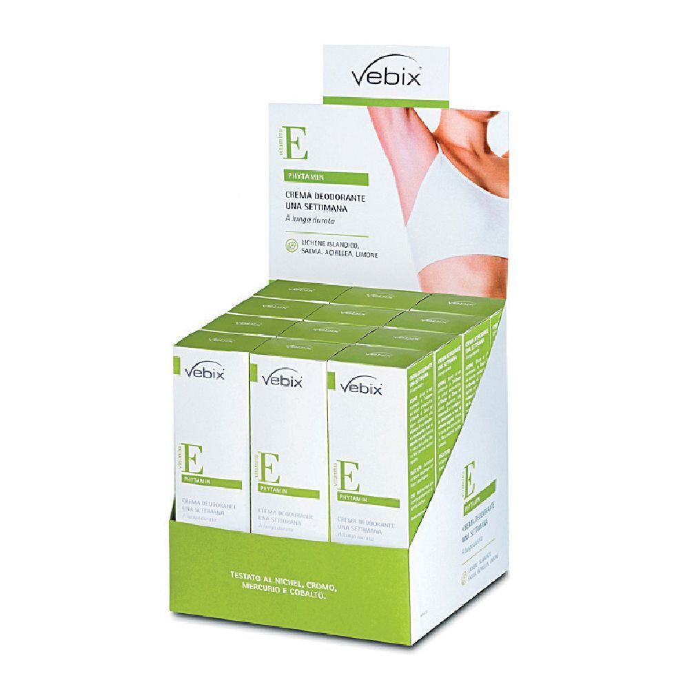 Espositore con tubetti di crema deodorante. Scritta: Vebix, Phytamin, Creme Deodorante, una settimana.