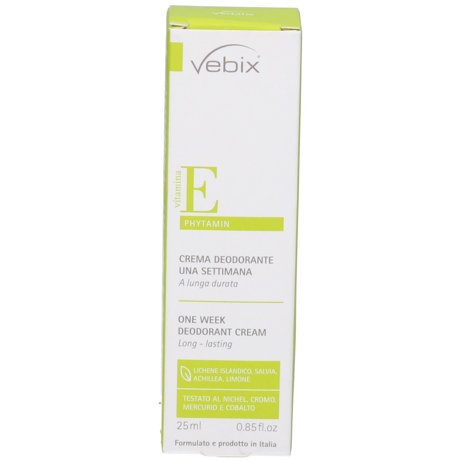 Scatola di crema deodorante. Scritta: Vebix, Phytamin, Creme Deodorante, una settimana, 25ml.