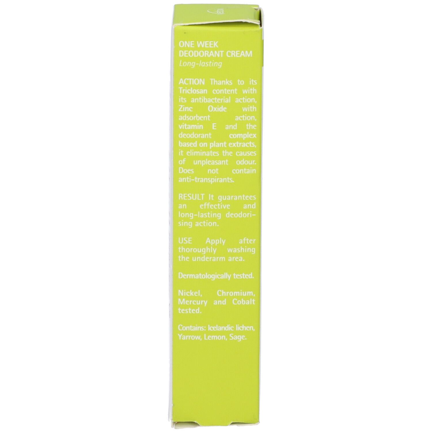 Lato della scatola della crema deodorante. Testo: Azione, Risultato, Uso. Dermatologicamente testato. Ingredienti.