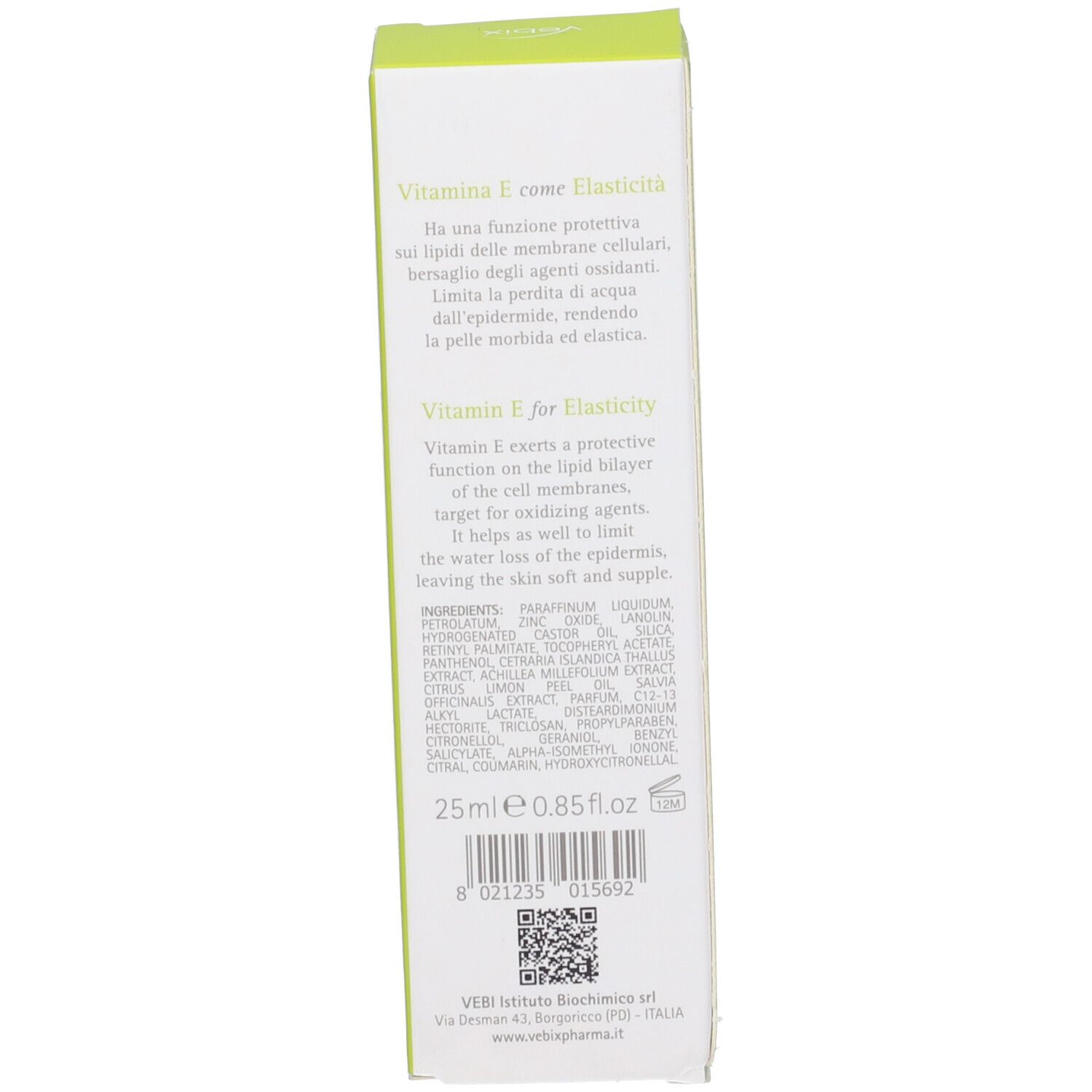 Lato della scatola della crema deodorante. Testo: Vitamina E per l'elasticità. Ingredienti, 25ml, 0.85fl.oz.