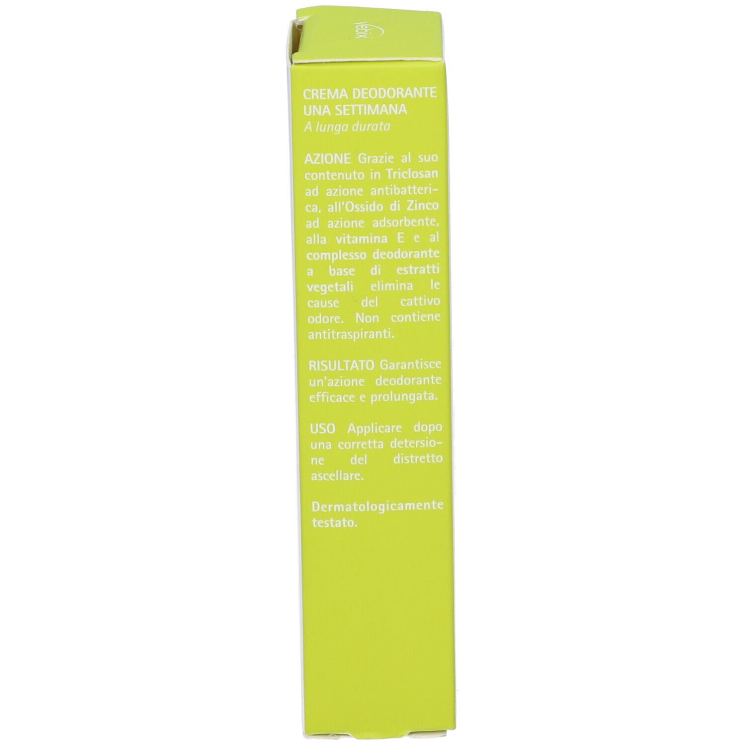 Lato della scatola della crema deodorante. Testo: Creme Deodorante, una settimana. Uso, dermatologicamente testato.