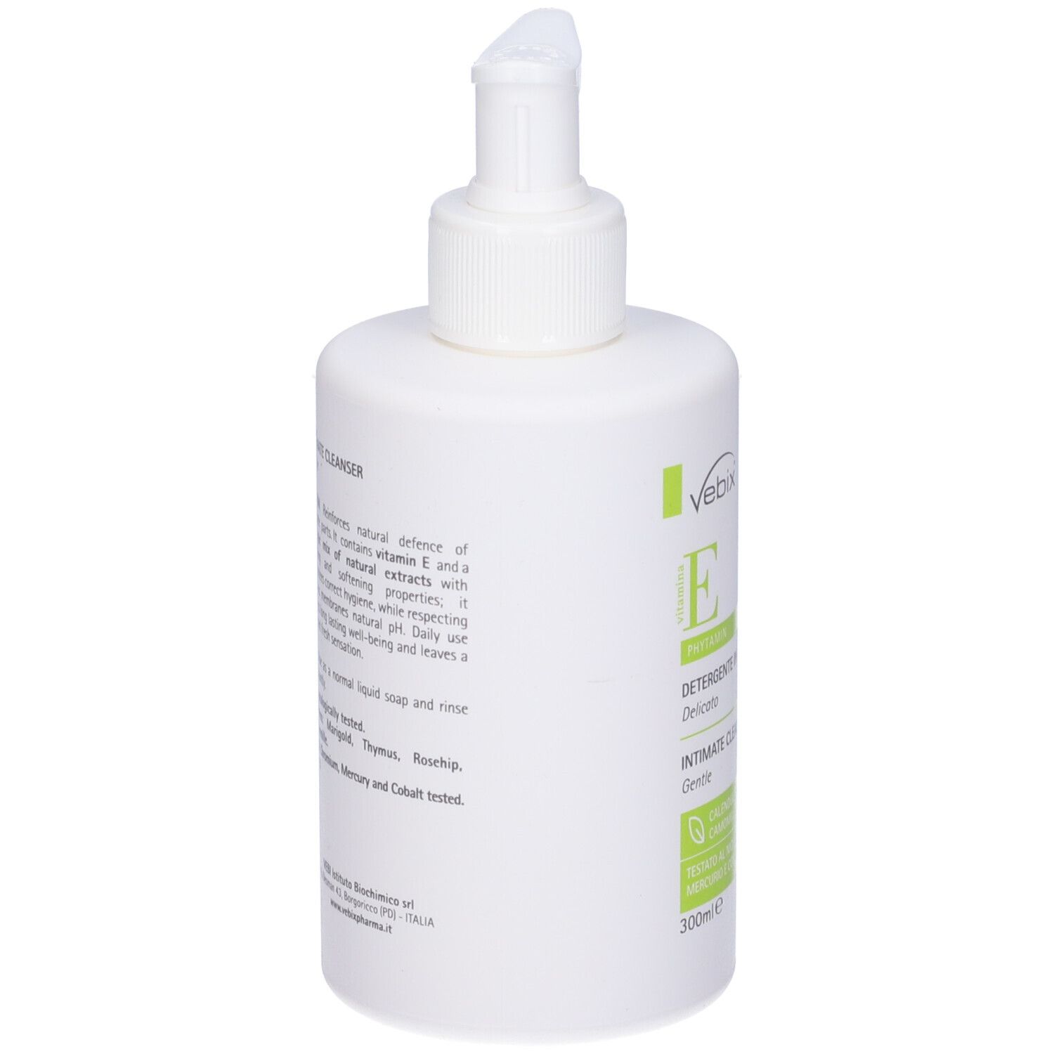 Flacone bianco con dispenser. Scritta: Vebix, Intimate Cleanser. Contiene vitamina E ed estratti naturali. 300ml.
