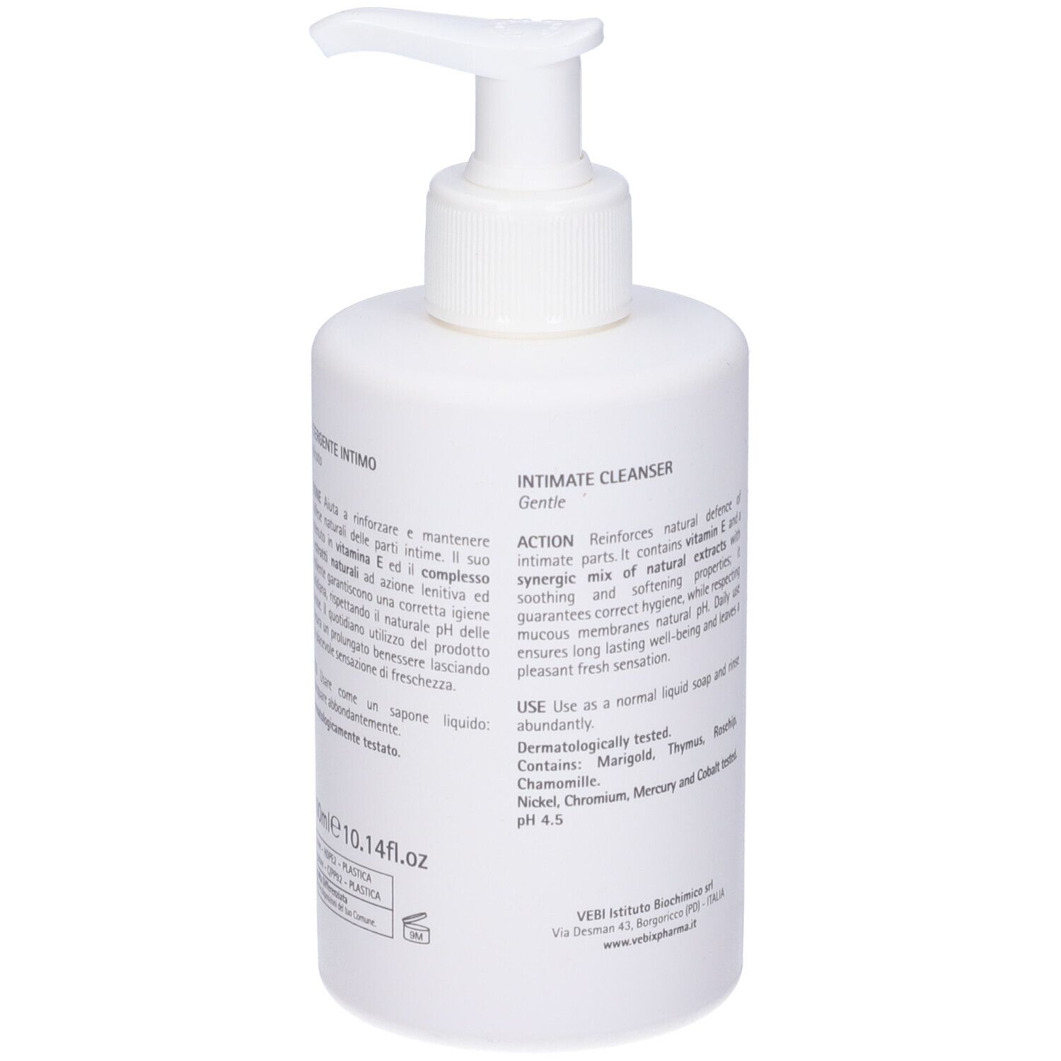 Flacone bianco con dispenser. Scritta: Vebix, Intimate Cleanser. Contiene vitamina E ed estratti naturali. 300ml.