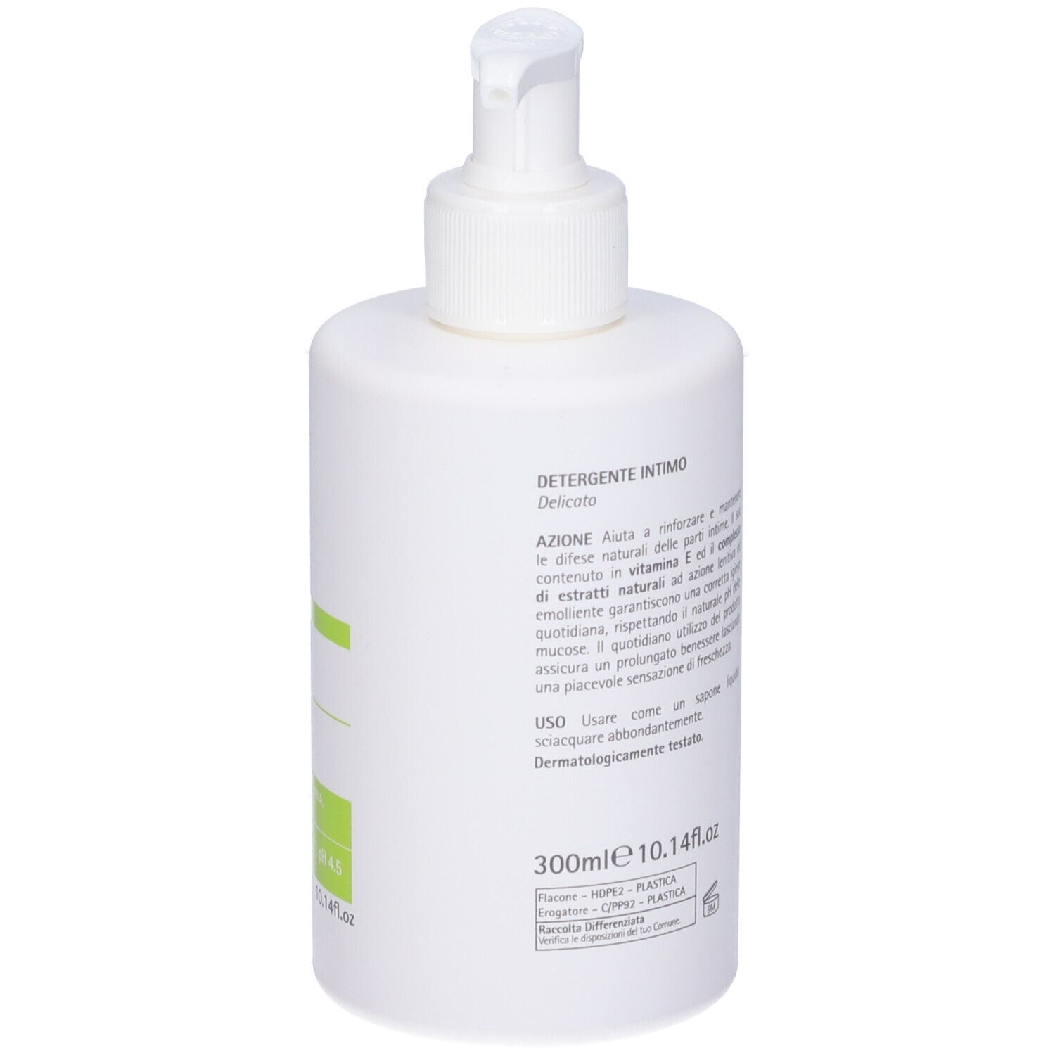 Flacone bianco con dispenser. Scritta: Vebix, Intimate Cleanser. Contiene vitamina E ed estratti naturali. 300ml.