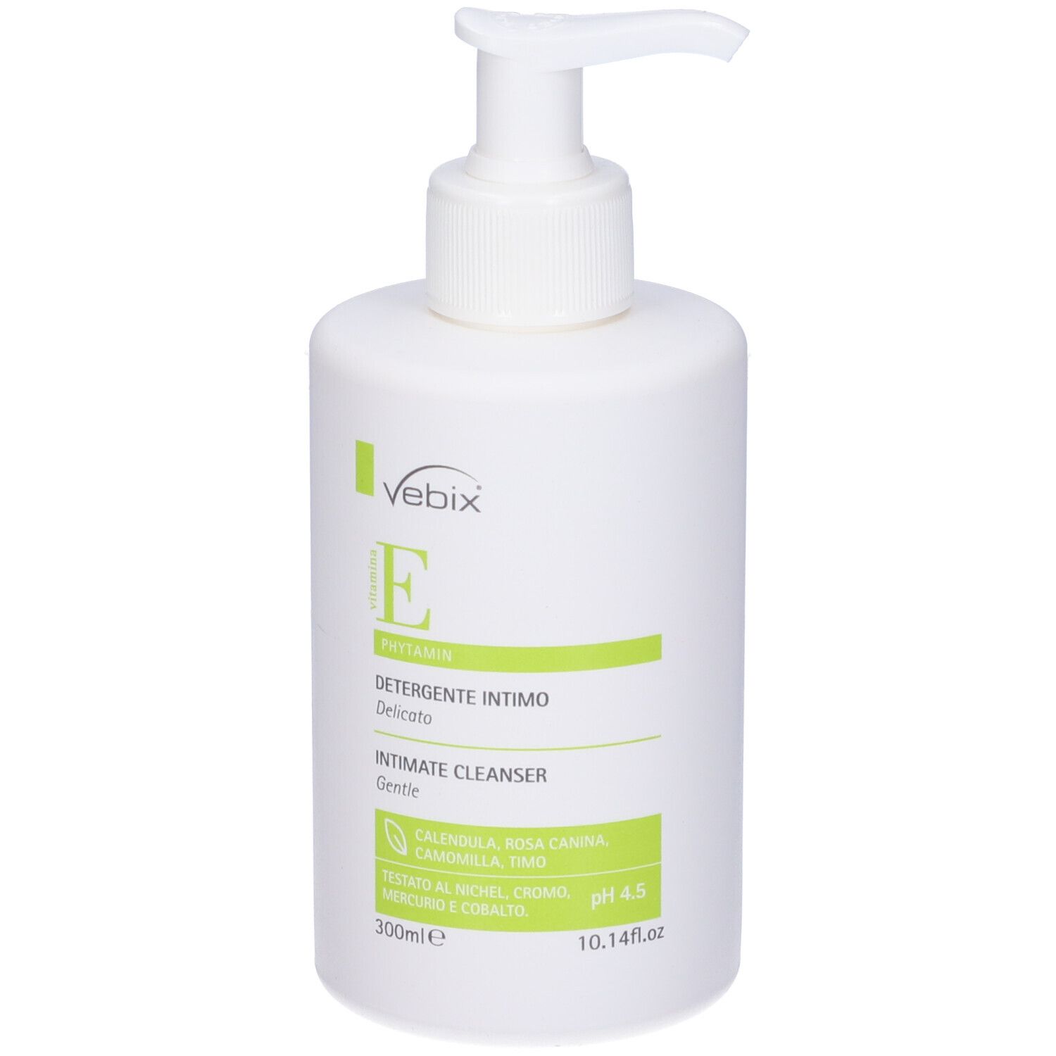 Flacone bianco con dispenser. Scritta: Vebix, Intimate Cleanser. Contiene vitamina E ed estratti naturali. 300ml.