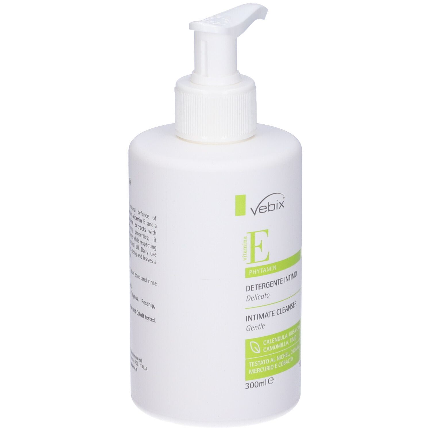 Flacone bianco con dispenser. Scritta: Vebix, Intimate Cleanser. Contiene vitamina E ed estratti naturali. 300ml.
