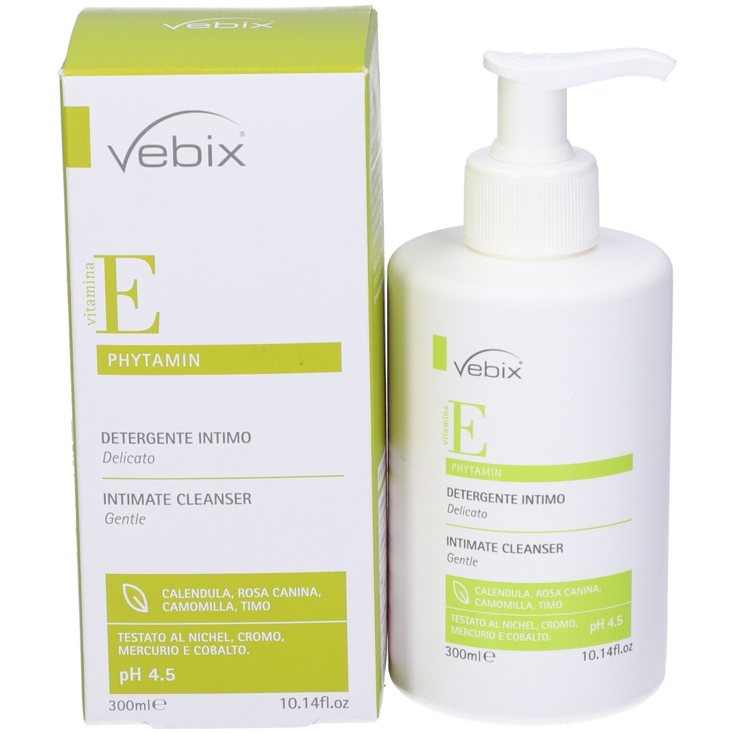 Flacone bianco con dispenser e confezione. Scritta: Vebix, Intimate Cleanser. Contiene vitamina E ed estratti naturali. 300ml.