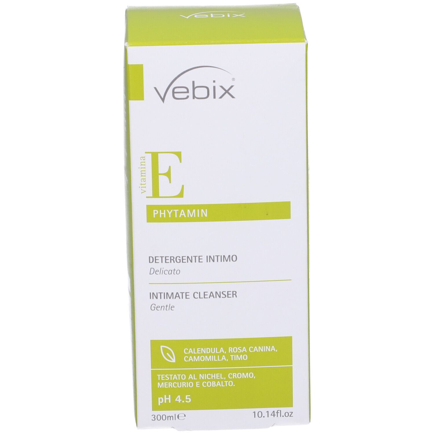 Confezione verde. Scritta: Vebix, Intimate Cleanser. Contiene vitamina E ed estratti naturali. 300ml.