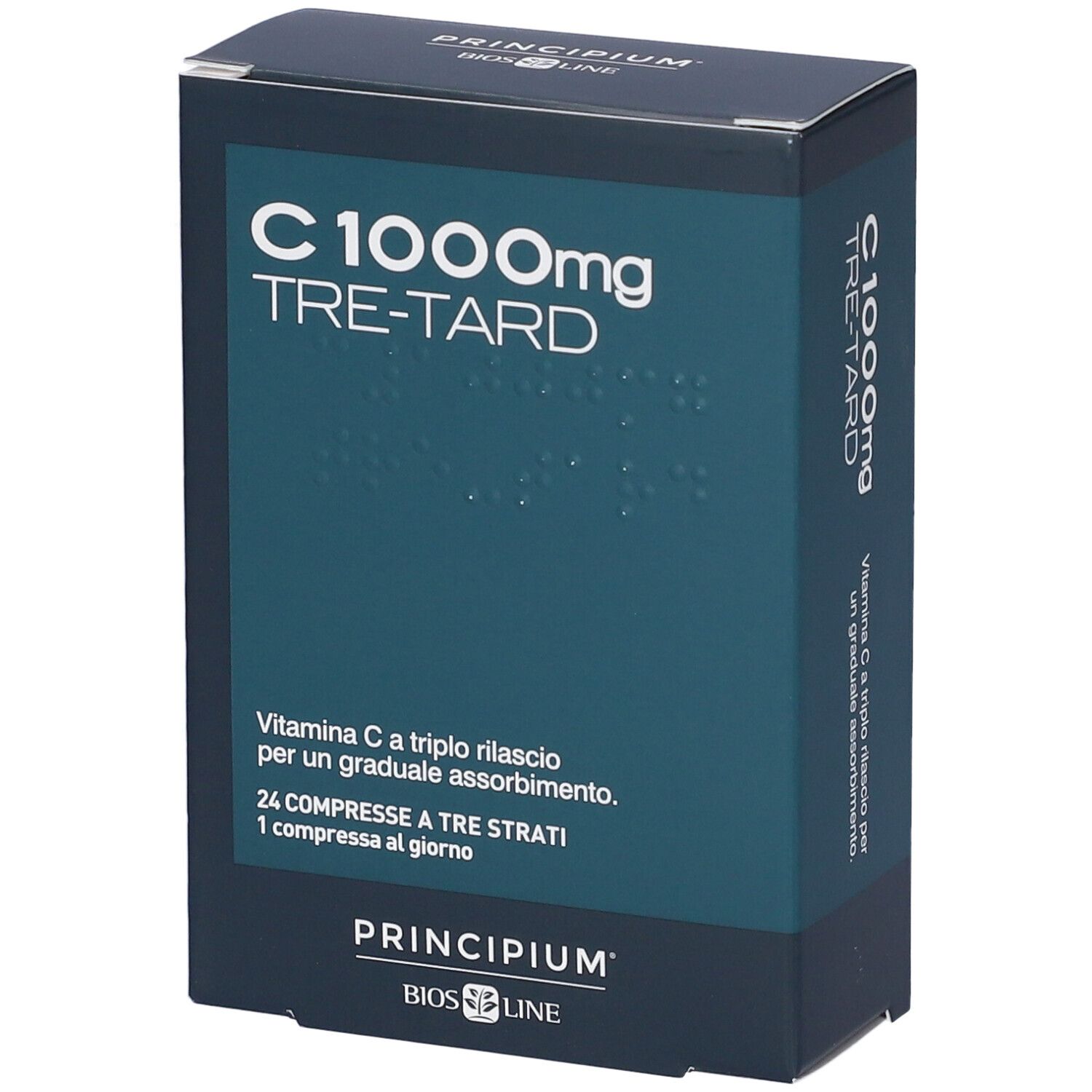 Dunkelblaue Schachtel. Aufschrift: C 1000mg TRE-TARD. Marke: PRINCIPIUM. 24 Tabletten. Text in italienischer Sprache.