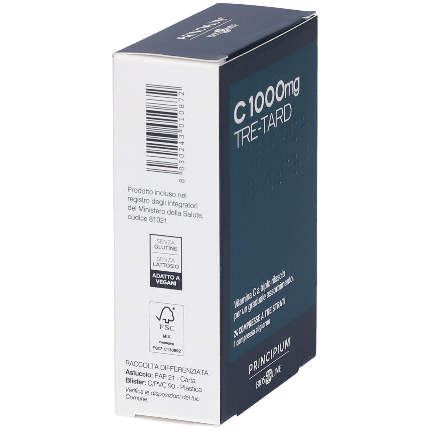 Weiße Schachtel mit Barcode und Text. Aufschrift: C 1000mg TRE-TARD. Logos: Glutenfrei, Laktosefrei, Vegan, FSC.