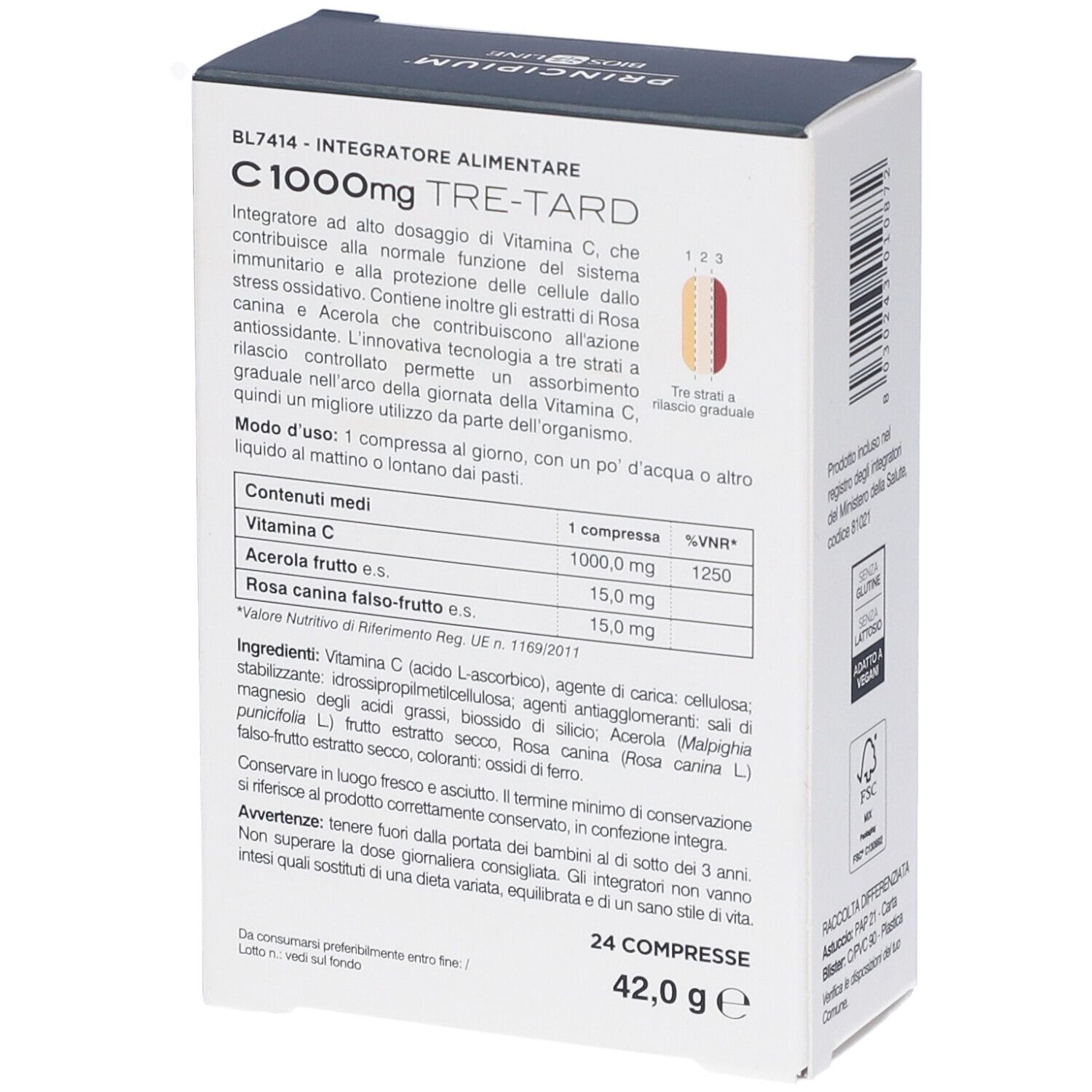 Weiße Schachtel mit Text und Inhaltsangaben. Aufschrift: C 1000mg TRE-TARD. 24 Tabletten. Text in italienischer Sprache.