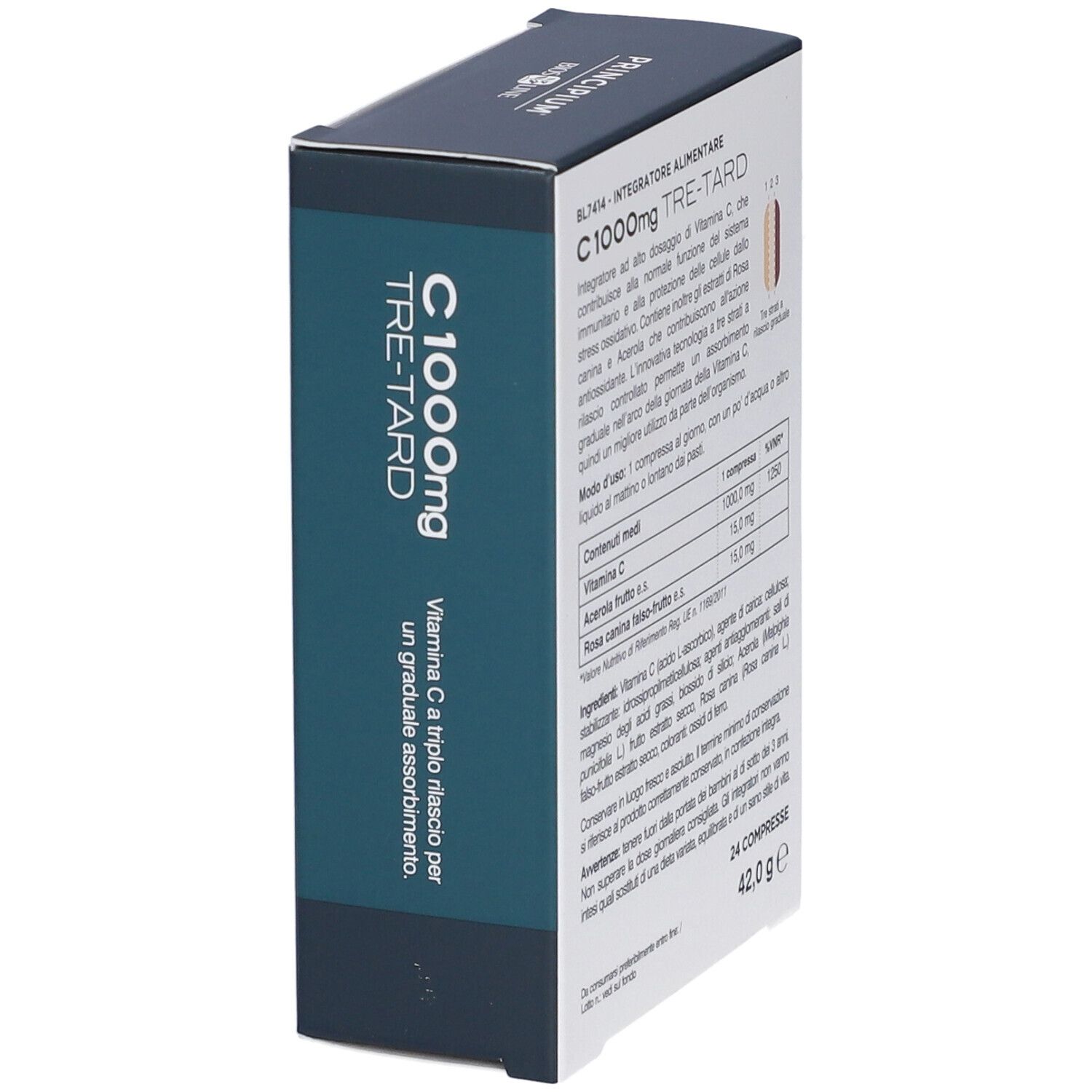 Schachtel mit Text und Inhaltsangaben. Aufschrift: C 1000mg TRE-TARD. 24 Tabletten. Text in italienischer Sprache.
